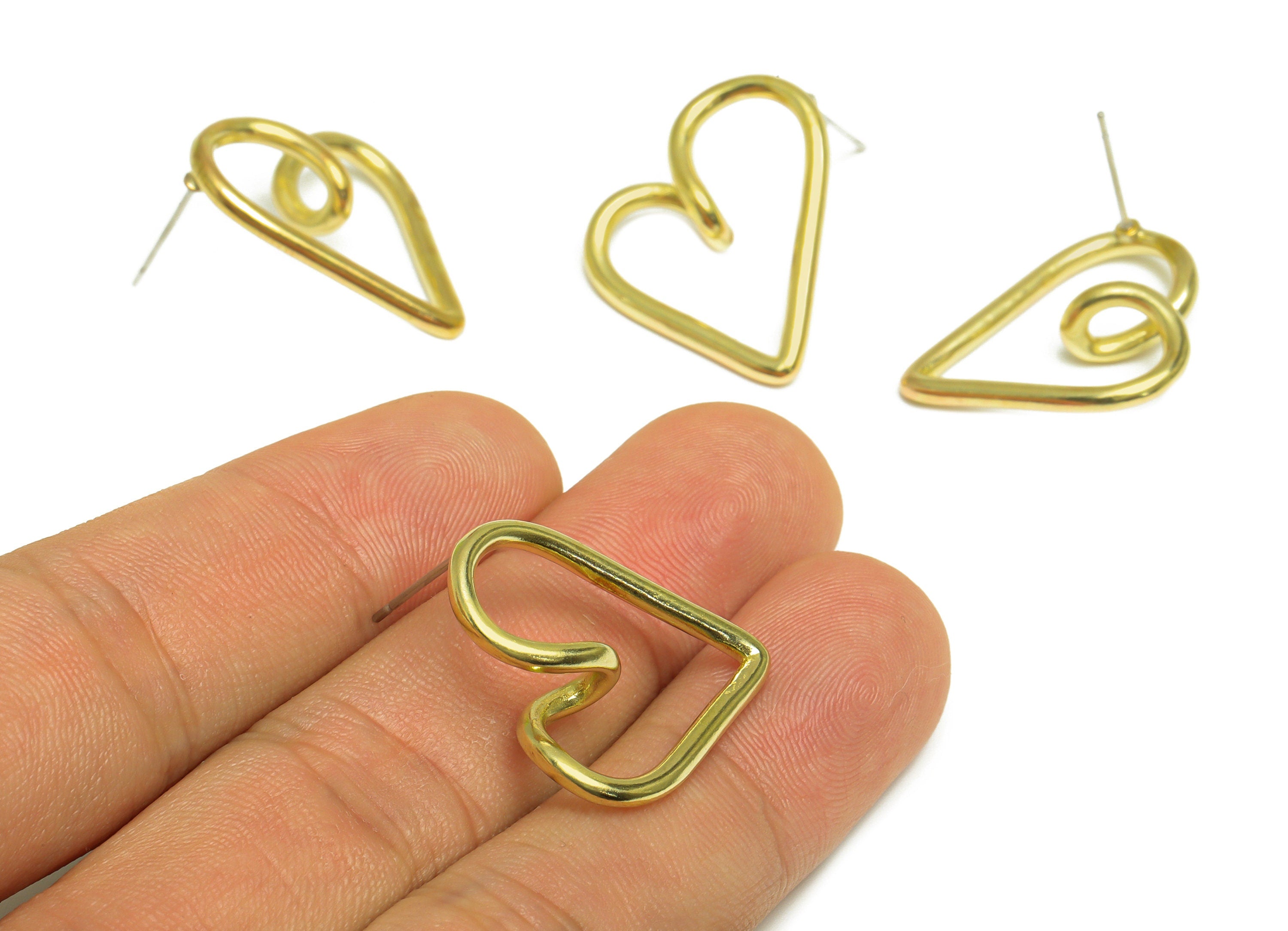 Brass Heart Wire Earring Post - Raw Brass Heart Earring Post - Brass Curved Heart Earring Post - Brass Heart Steel Stud - 25x22x7mm- PP10058 - DOMEDBAZAAR