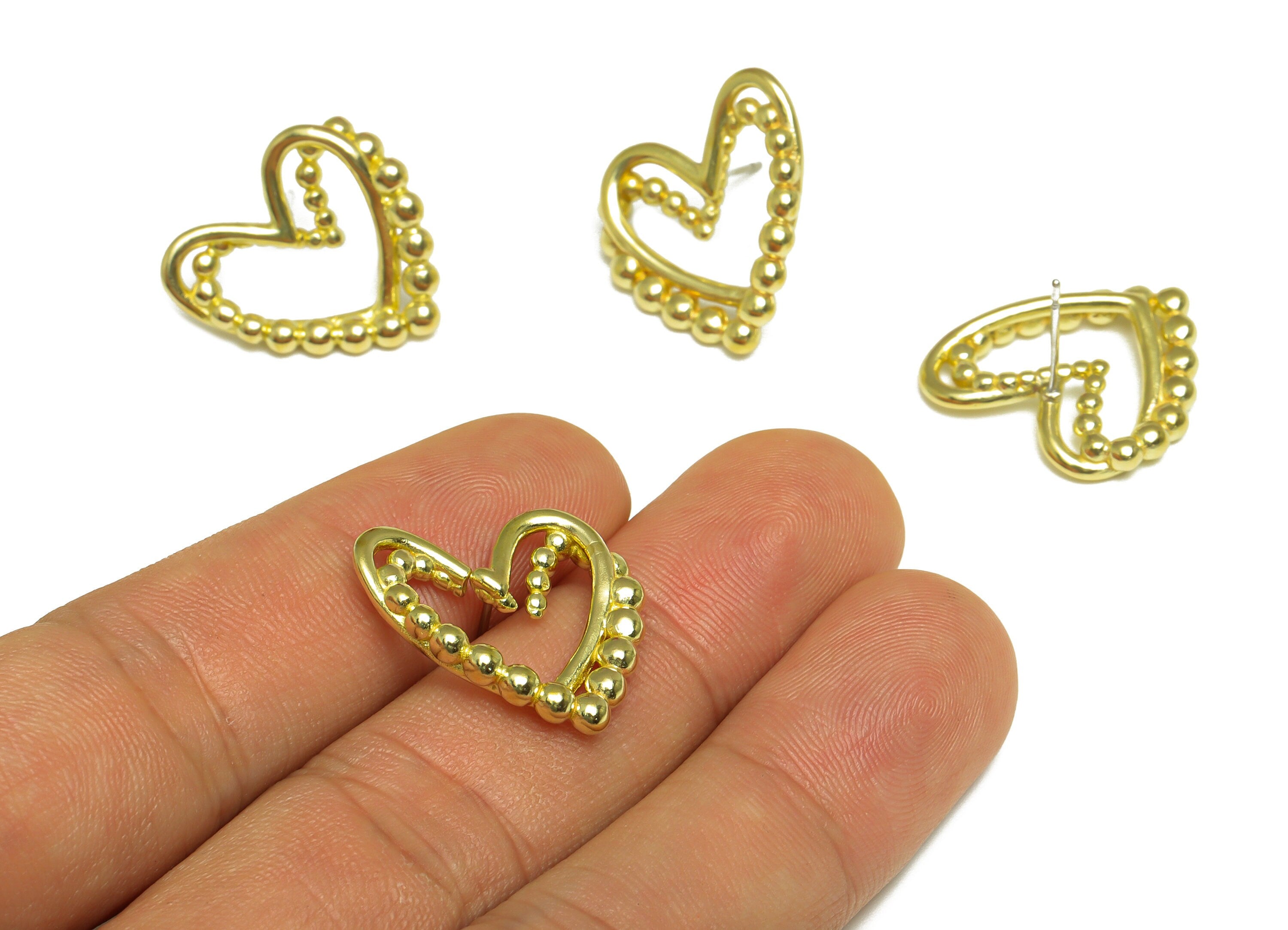 Brass Heart Earring Post - Raw Brass Heart Wire Earring Post - Brass Heart Beaded Earring Post - Beaded Steel Stud - 22.5x21x3.6mm - PP10057 - DOMEDBAZAAR