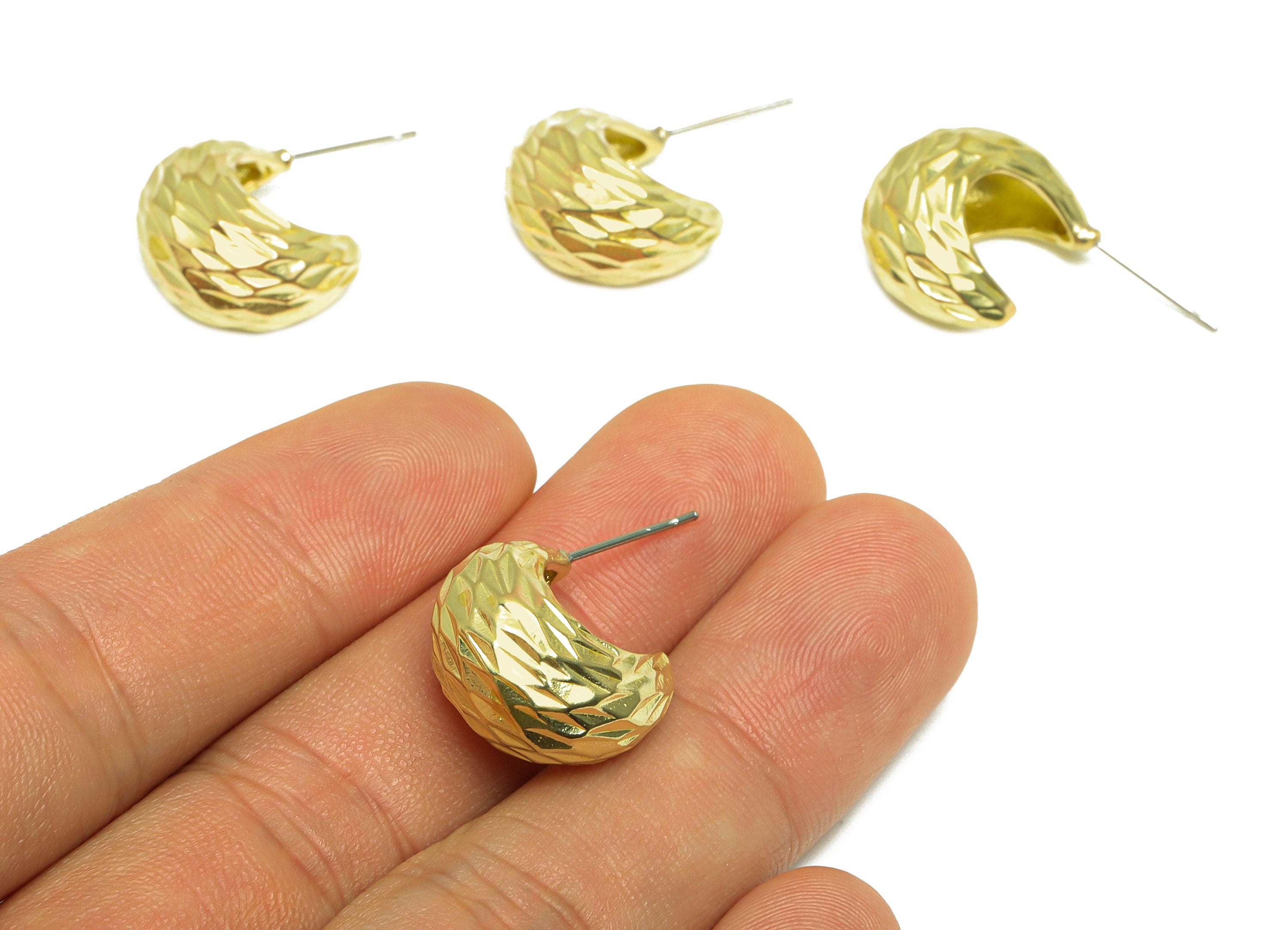 Brass Hoop C Earring Post - Raw Brass Thick Hoop Earring Post - Brass Textured Earring Post - Thick Steel Stud - 28x17.6x10mm - PP10041 - DOMEDBAZAAR