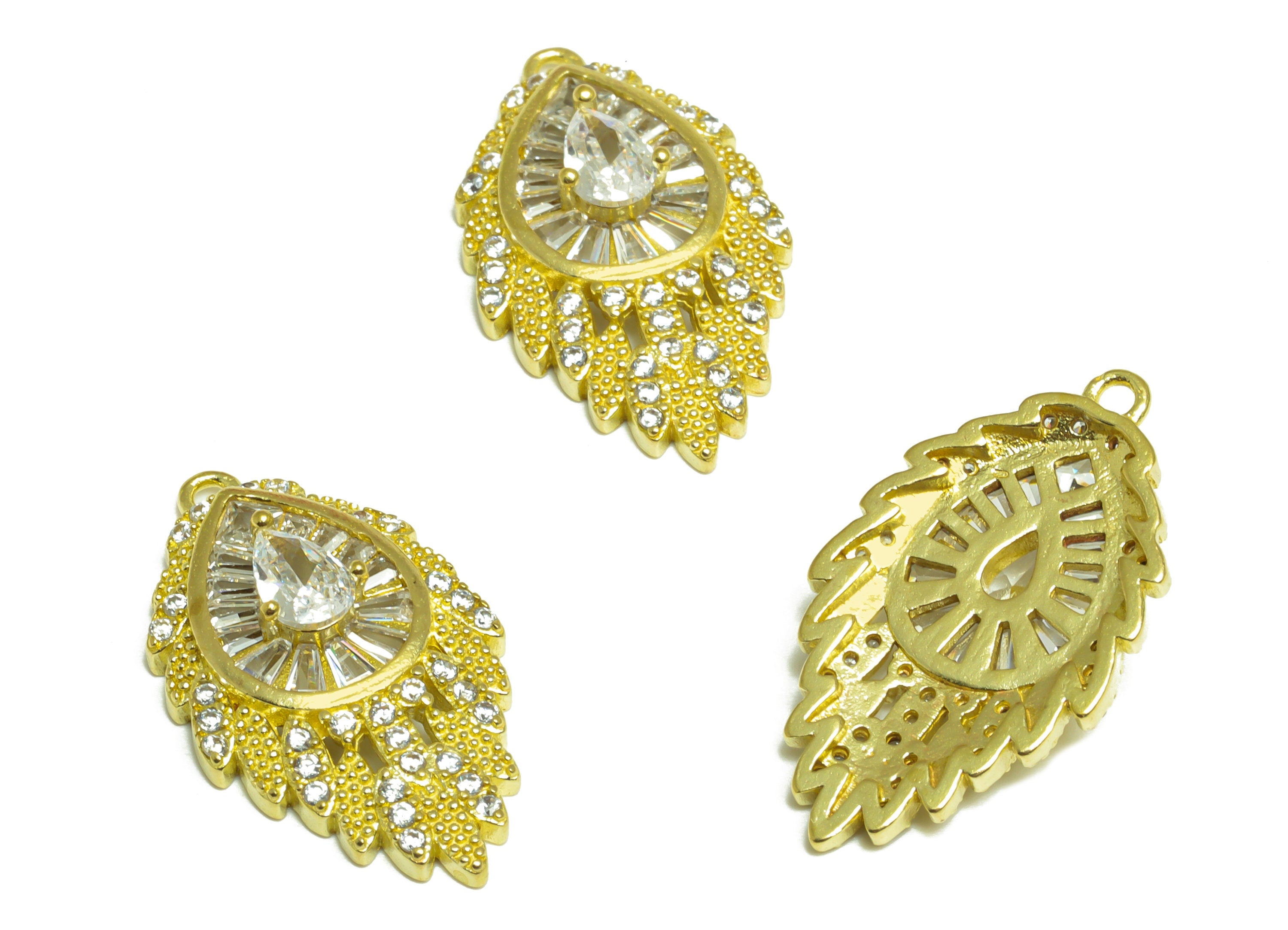 Brass CZ Teardrop Pendant - Raw Brass Drop Feather Cubic Zircon Charm - Brass Drop Pendant - For Necklace - 25.5x14.7x5.4mm - PP10077 - DOMEDBAZAAR