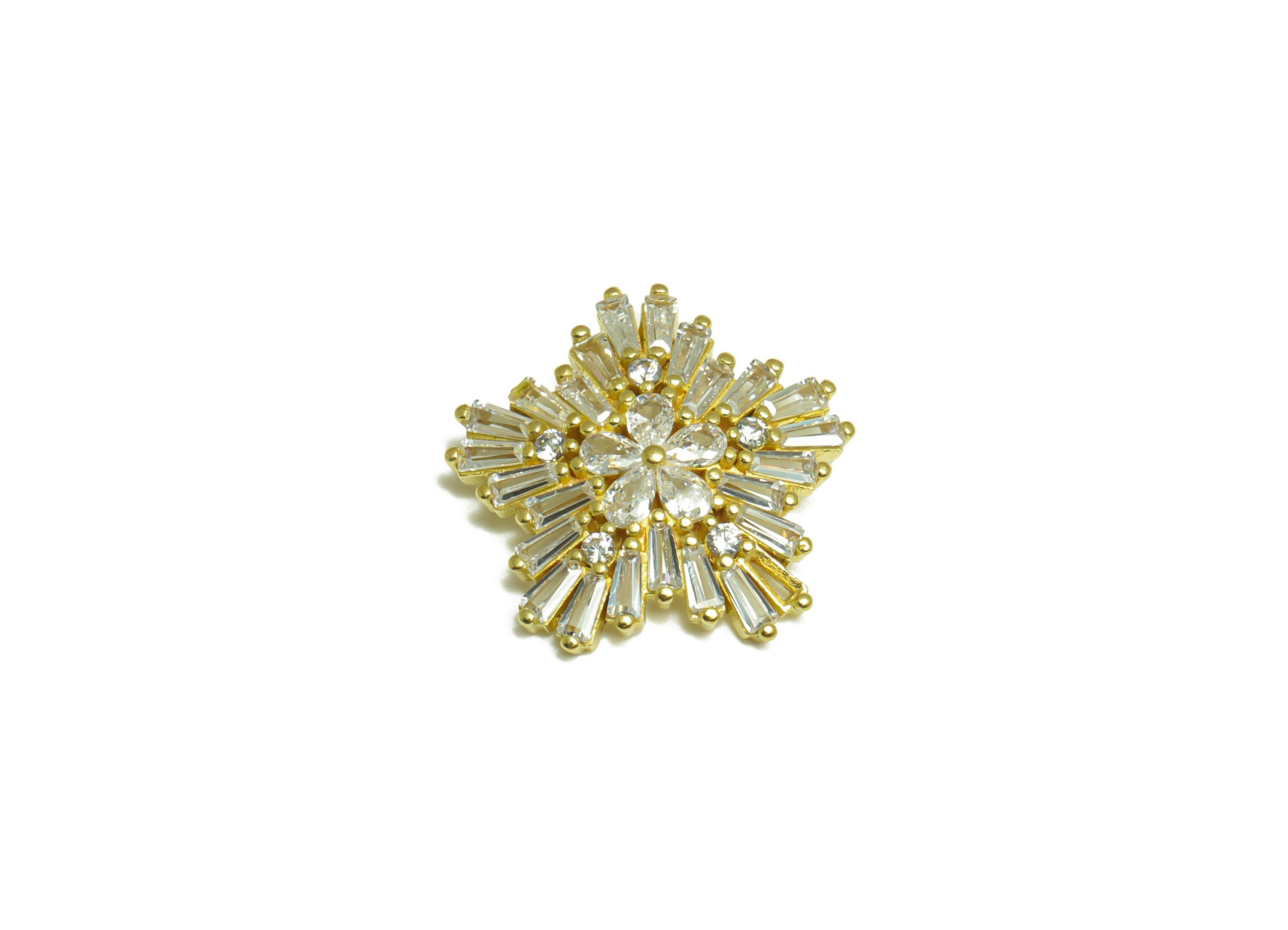 Brass CZ Flower Hairclip Charm - Raw Brass Snowflake Cubic Zircon Charm - Brass Teardrop Pendant - Cubic Zircon Charm - 18x17x4mm - PP10099 - DOMEDBAZAAR