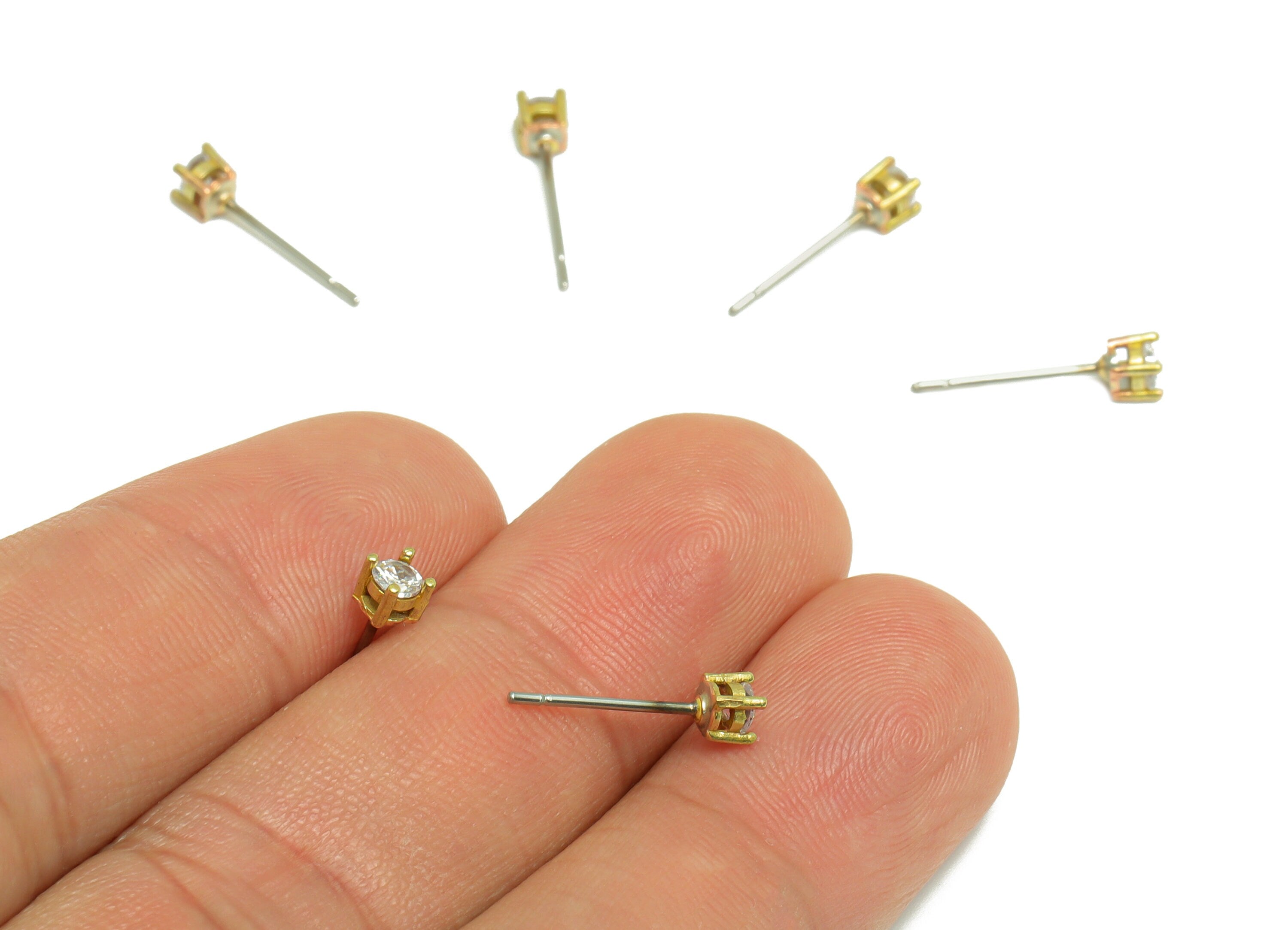 3mm CZ Minimalist Earring - Raw Brass Minimalist CZ Earring Post - Cubic Zircon Earring Post - Stainless Steel Stud - 15x3.3x3mm - PP9890-3 - DOMEDBAZAAR