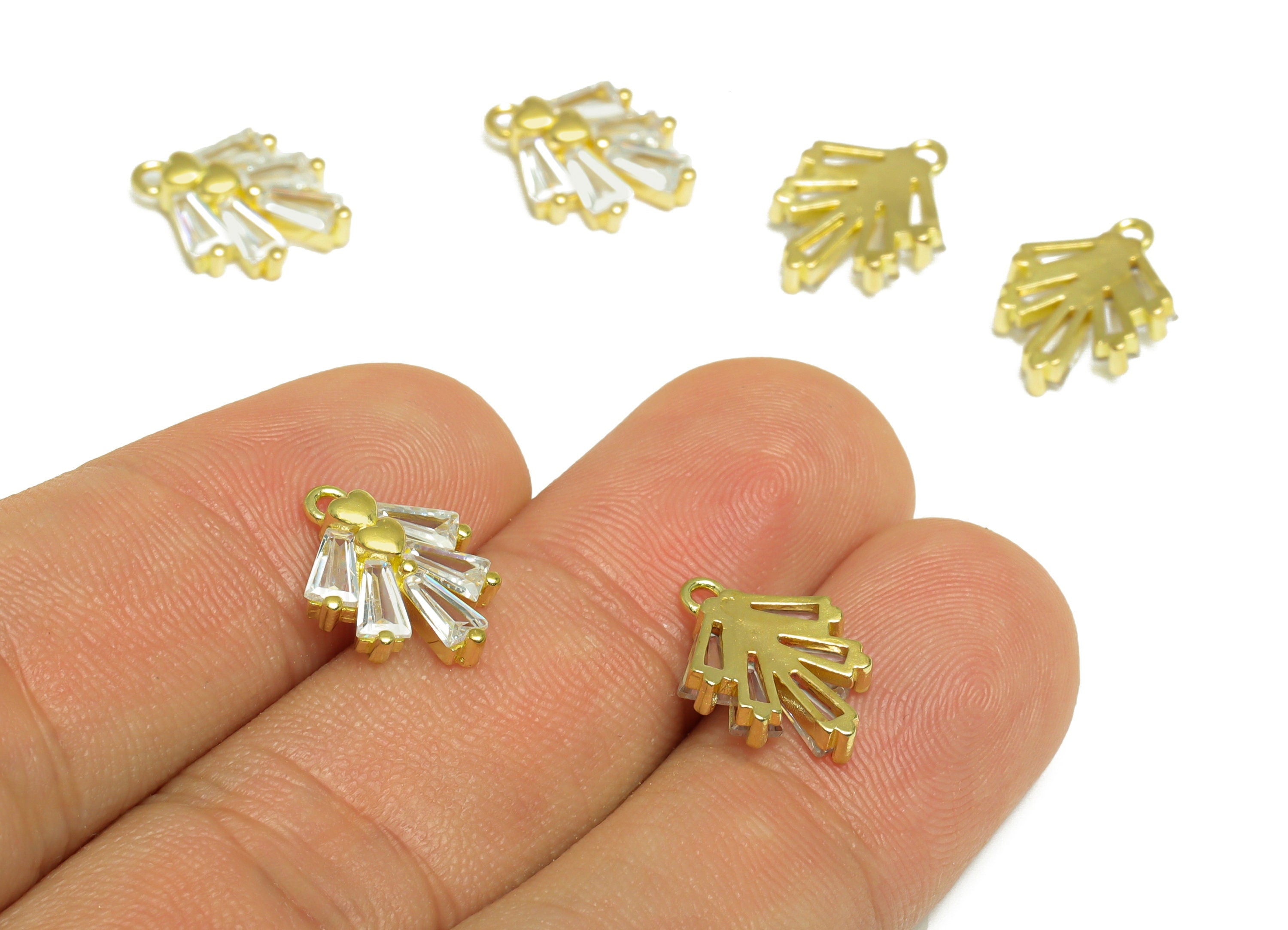 Brass CZ Heart Earring Charm - Raw Brass Mini Double Heart Cubic Zircon Earring Charm - Brass Diamond Pendant - 14.02x11x3.08mm - PP10091 - DOMEDBAZAAR