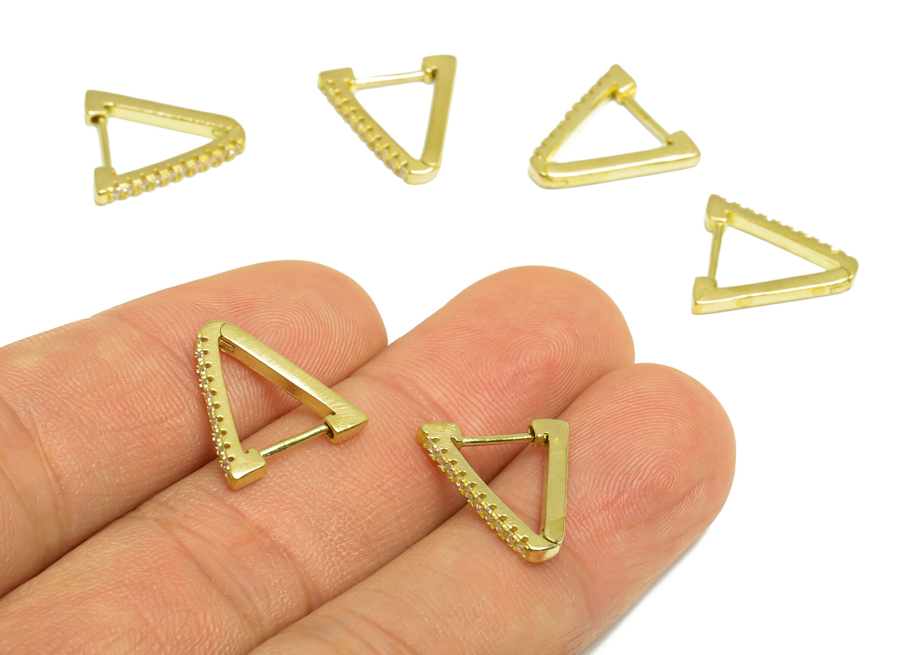 Brass CZ Triangle Huggie Hoop Earring - Brass Hoop Triangle Zircon Earring - Brass Zircon Earring Huggie Hoop Clasp - 15x14x1.92mm - PP10006 - DOMEDBAZAAR