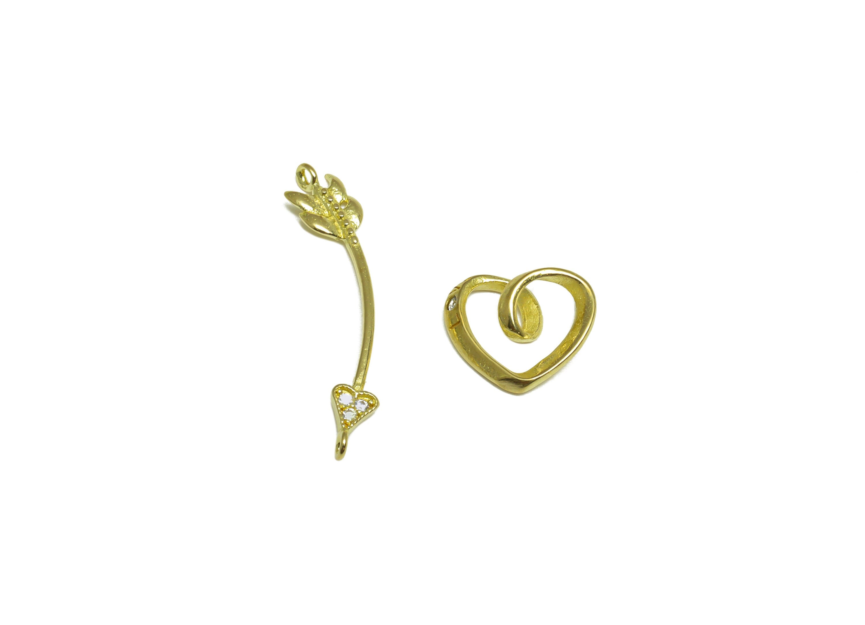 Brass CZ Heart Earring Charm - Raw Brass Arrow Heart Cubic Zircon Earring Charm - Brass Cupid Pendant - 24x5.1x3.8mmm - PP10067 - DOMEDBAZAAR