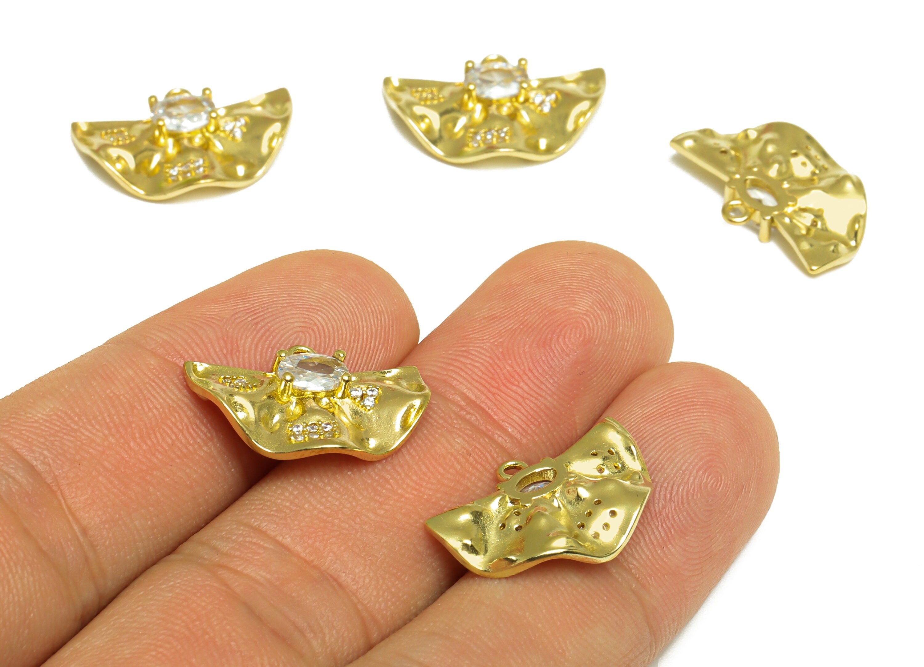 Brass CZ Fan Earring Charm - Raw Brass Wavy Fan Cubic Zircon Earring Charm - Brass Oval Wavy Pendant - 20.4x13.6x3.6mm - PP10073 - DOMEDBAZAAR