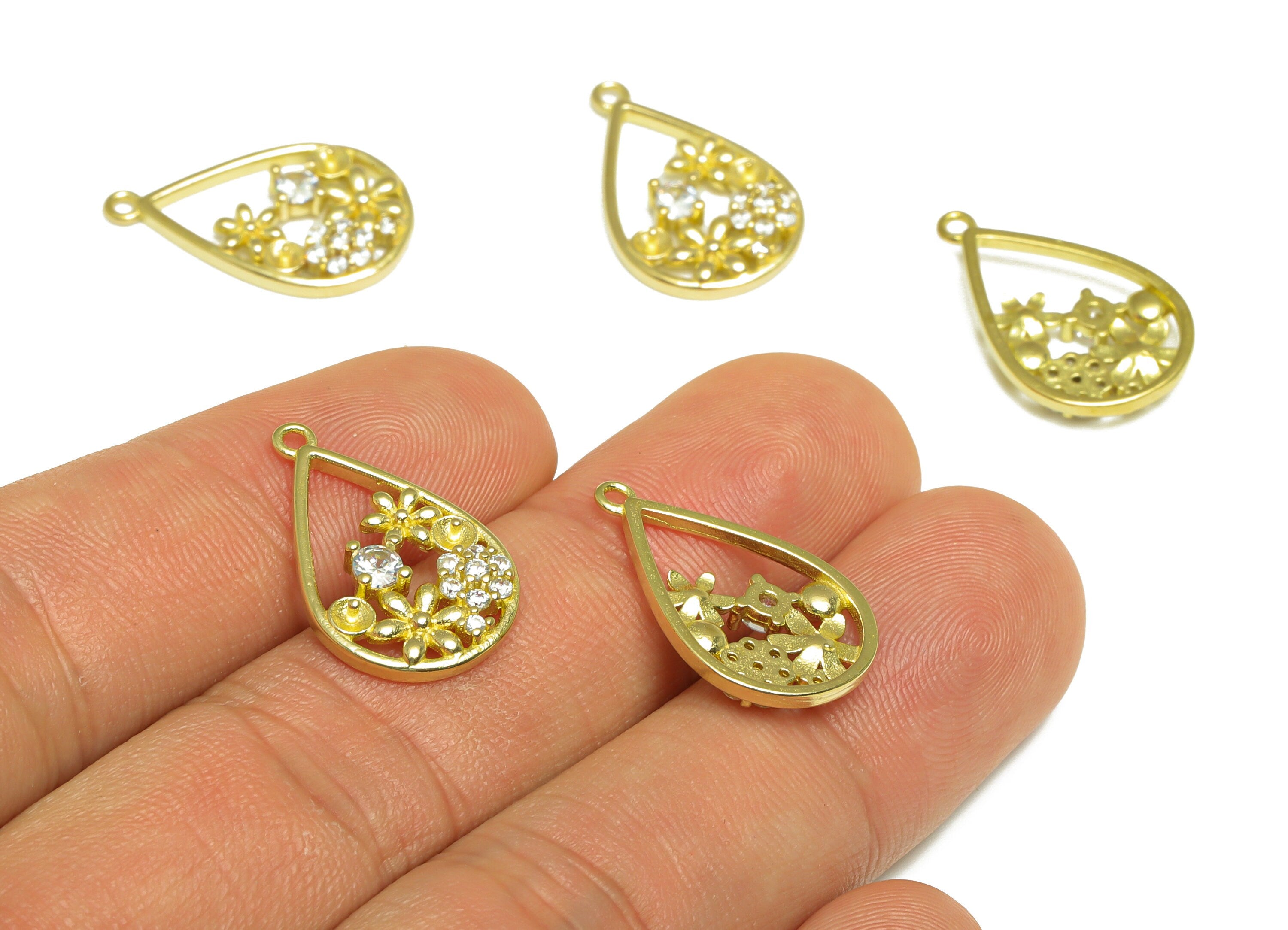 Brass CZ Teardrop Earring Charm - Raw Brass Flower Cubic Zircon Earring Charm - Brass Pearl Setting For Earring Charm - 21x13x3mm - PP10081 - DOMEDBAZAAR