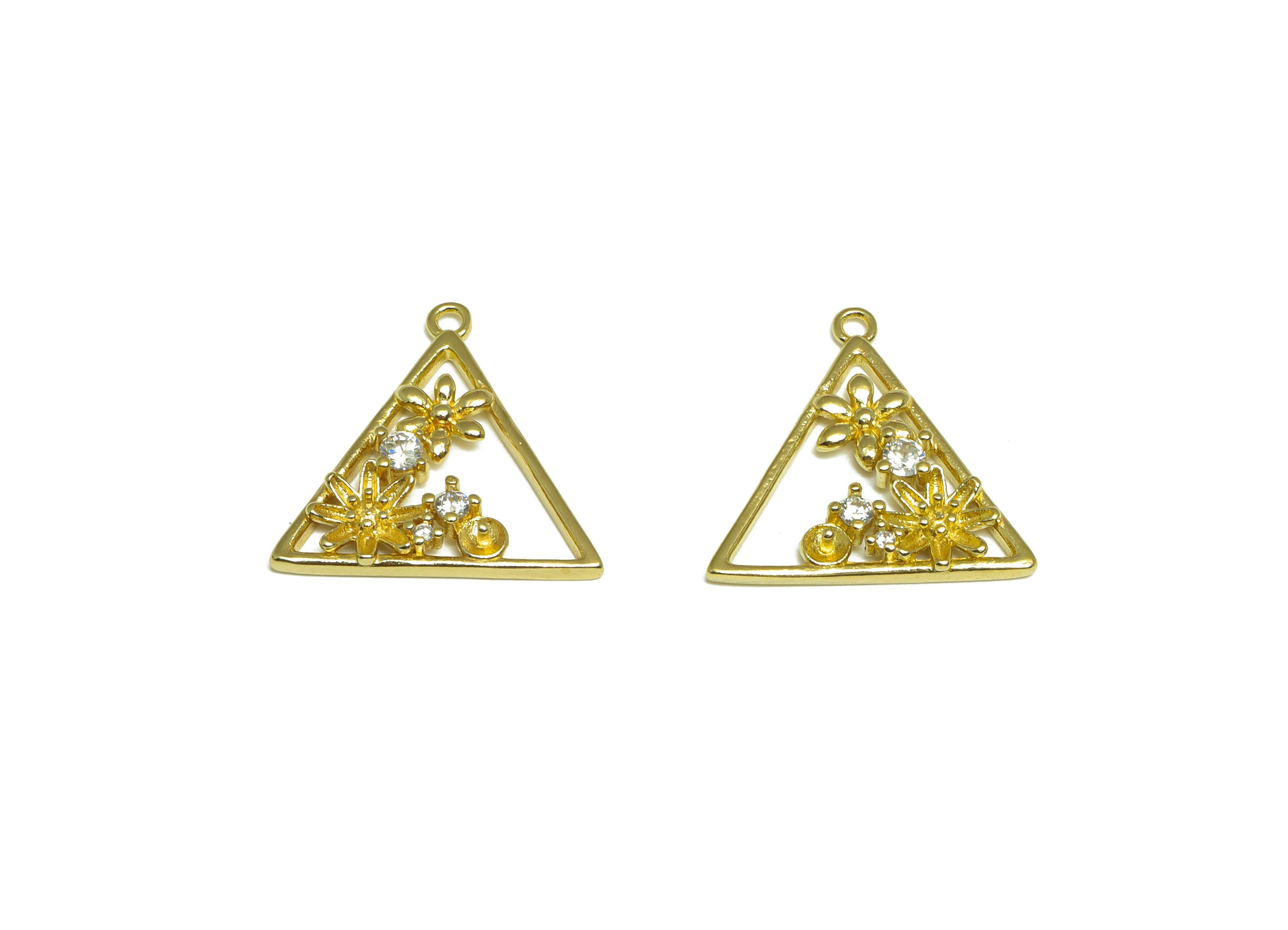 Brass CZ Triangle Earring Charm - Raw Brass Flower Cubic Zircon Earring Charm - Brass Pearl Setting For Earring Charm - 19x19x2mm - PP10083 - DOMEDBAZAAR