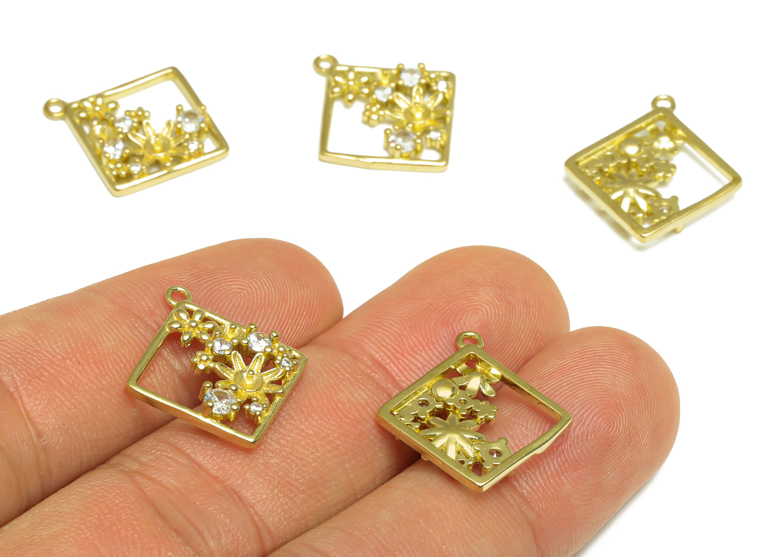 Brass CZ Square Earring Charm - Raw Brass Flower Cubic Zircon Earring Charm - Brass Pearl Setting For Earring Charm - 21x18x2.9mm - PP10080 - DOMEDBAZAAR