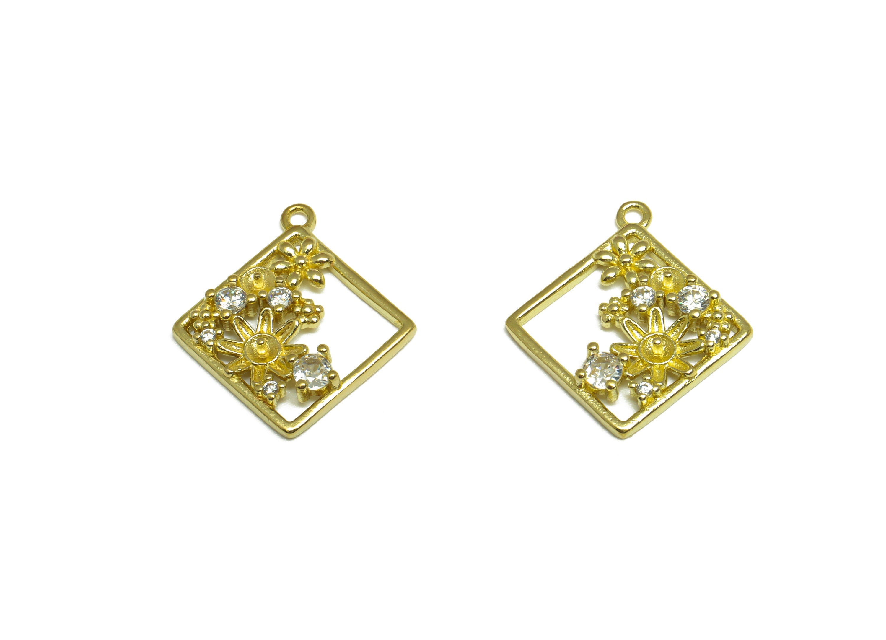 Brass CZ Square Earring Charm - Raw Brass Flower Cubic Zircon Earring Charm - Brass Pearl Setting For Earring Charm - 21x18x2.9mm - PP10080 - DOMEDBAZAAR