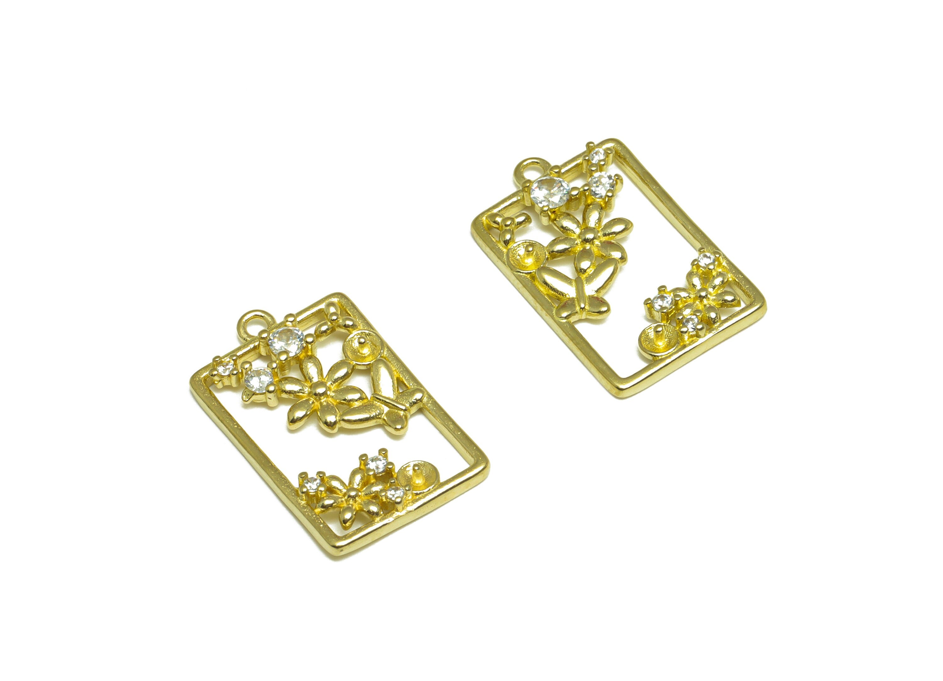 Brass CZ Rectangle Earring Charm - Raw Brass Flower Cubic Zircon Earring Charm - Brass Pearl Setting For Earring Charm - 21x13x3mm - PP10079 - DOMEDBAZAAR