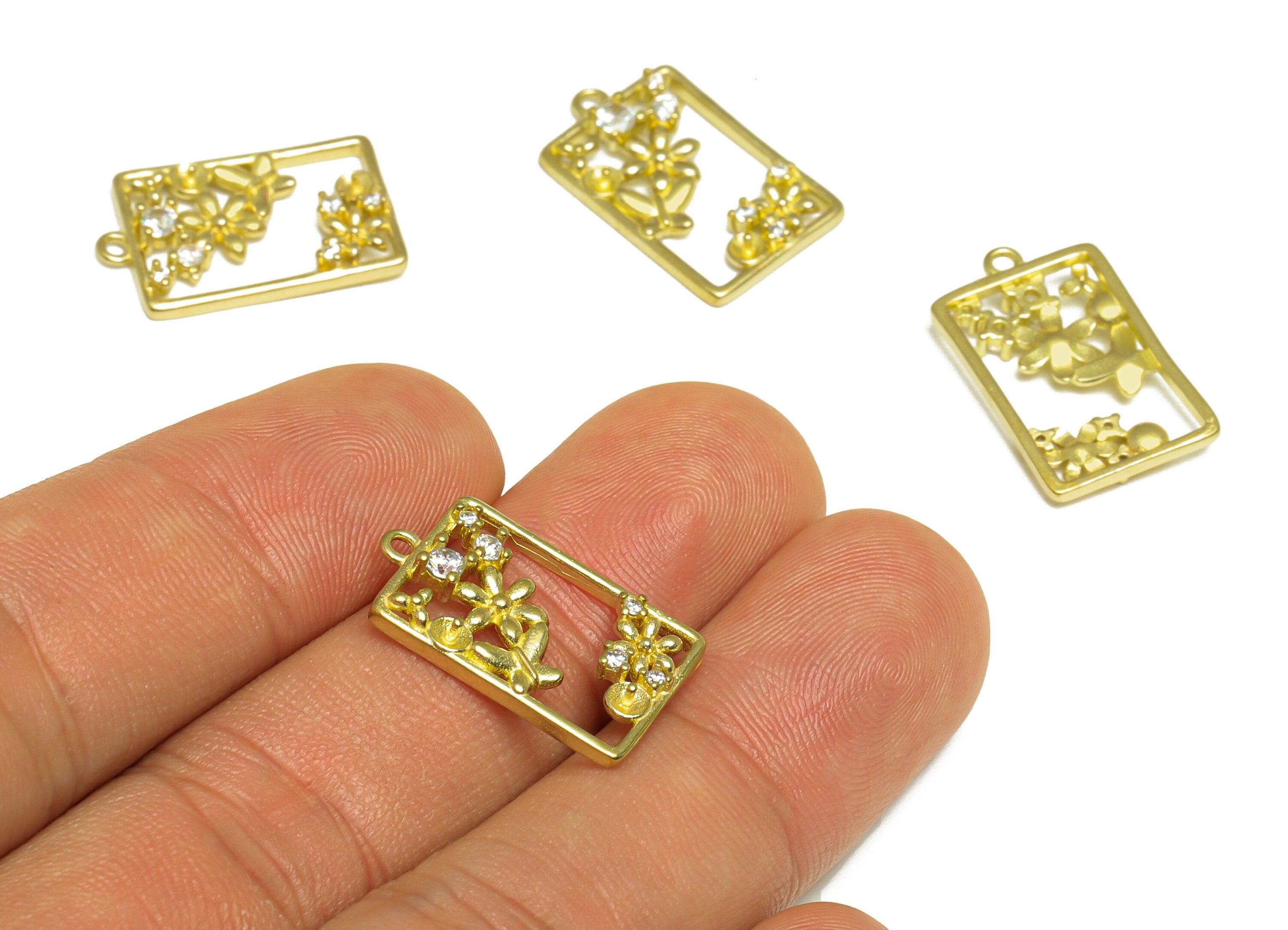Brass CZ Rectangle Earring Charm - Raw Brass Flower Cubic Zircon Earring Charm - Brass Pearl Setting For Earring Charm - 21x13x3mm - PP10079 - DOMEDBAZAAR