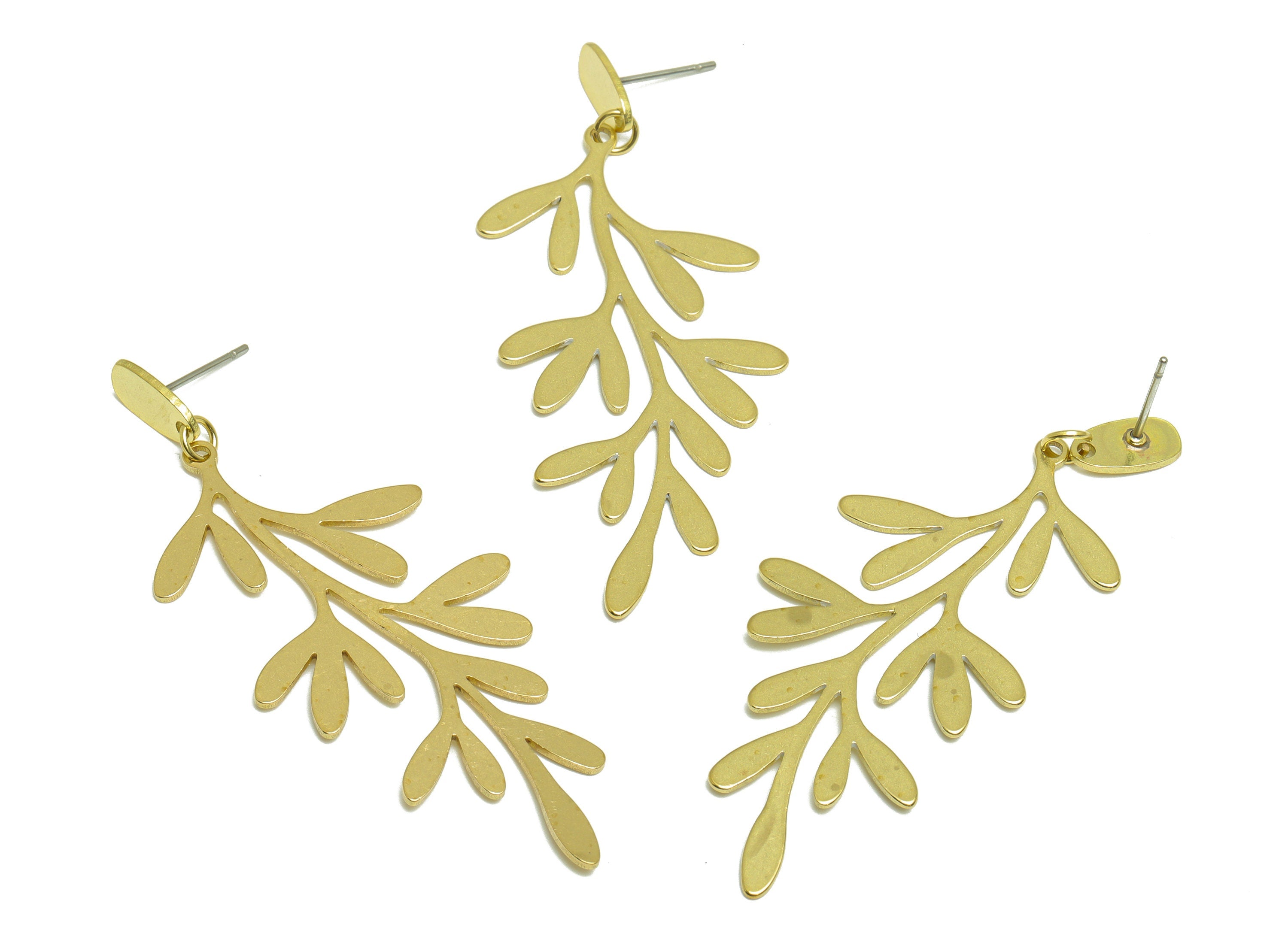 Brass Leaf Earring Post - Brass Dangel Branch Earring Stud - Brass Leaf Dangel Earring Post - Botanical Earring Post - 64.2x24x1mm - PP9909 - DOMEDBAZAAR