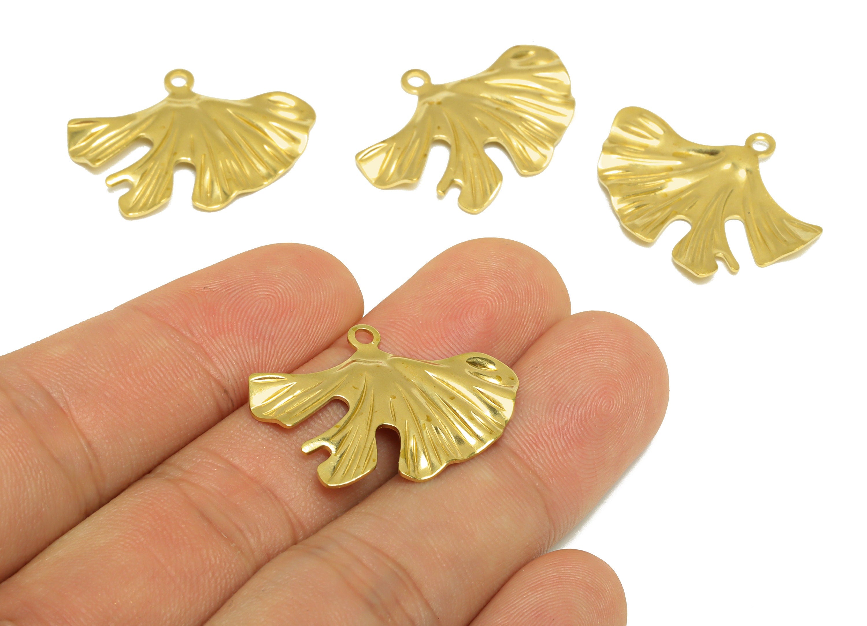 Brass Ginkgo Leaf Earring Charm - Raw Brass Textured Leaf Earring Charm - Brass Botanical Pendant - Lotus Leaf Charm - 29x22x1mm - PP10250 - DOMEDBAZAAR