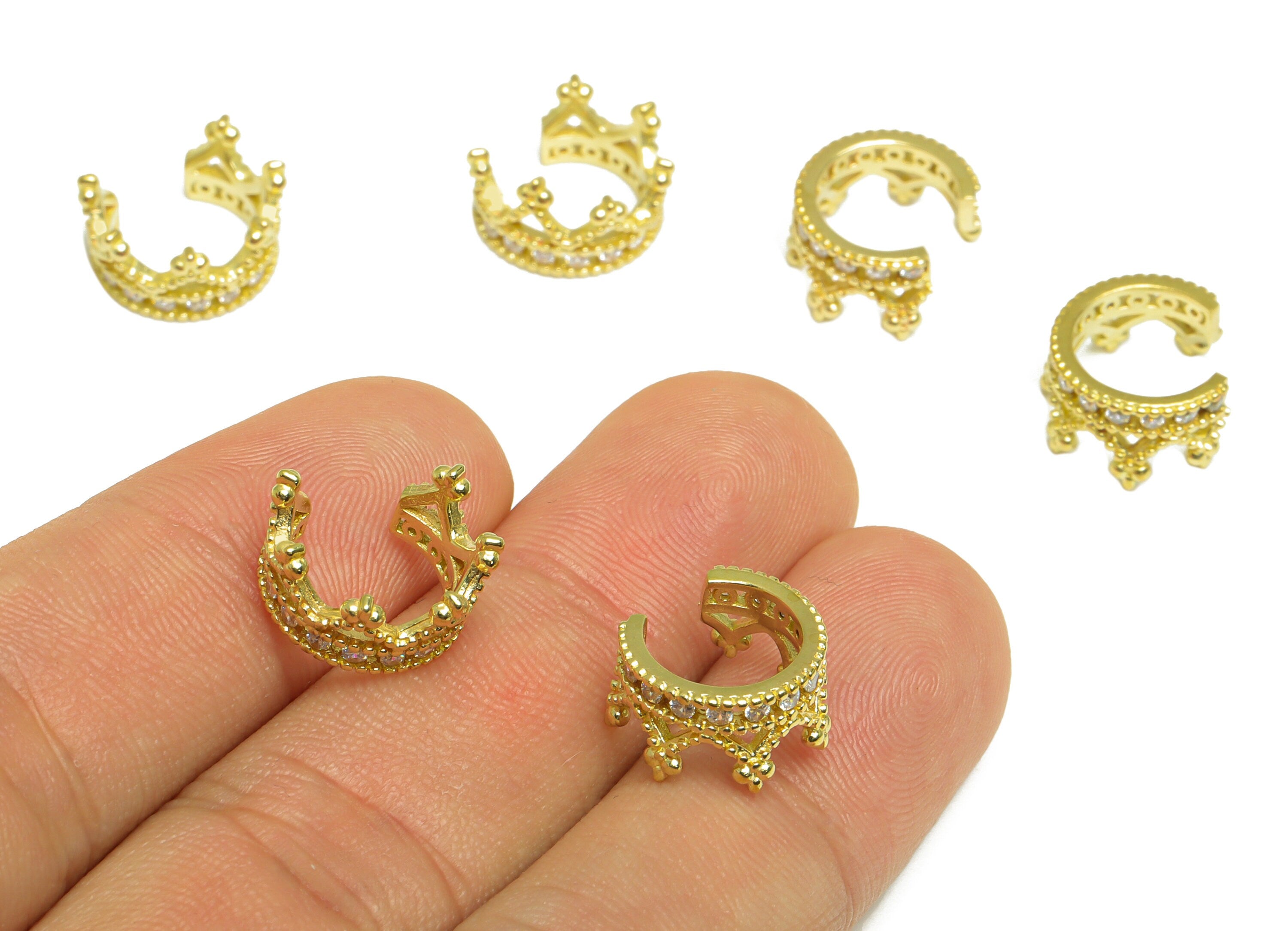 Brass CZ Crown Rings - Raw Brass Crown Ear Clip Cubic Zircon - Brass King Cubic Earring Cuff - Round Zircon Cuff Ear - 13x11.3x6mm - PP10112 - DOMEDBAZAAR