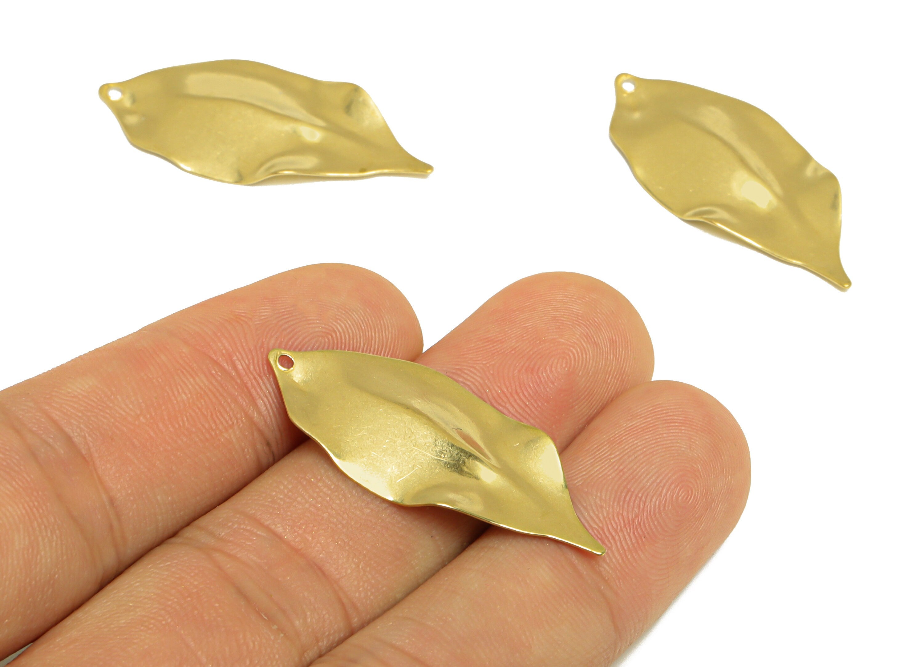 Brass Leaf Earring Charm - Raw Brass Wavy Leaf Earring Charm - Brass Botanical Pendant - Brass Wavy Charm - 35.4x16.2x2.03mm - PP10227 - DOMEDBAZAAR