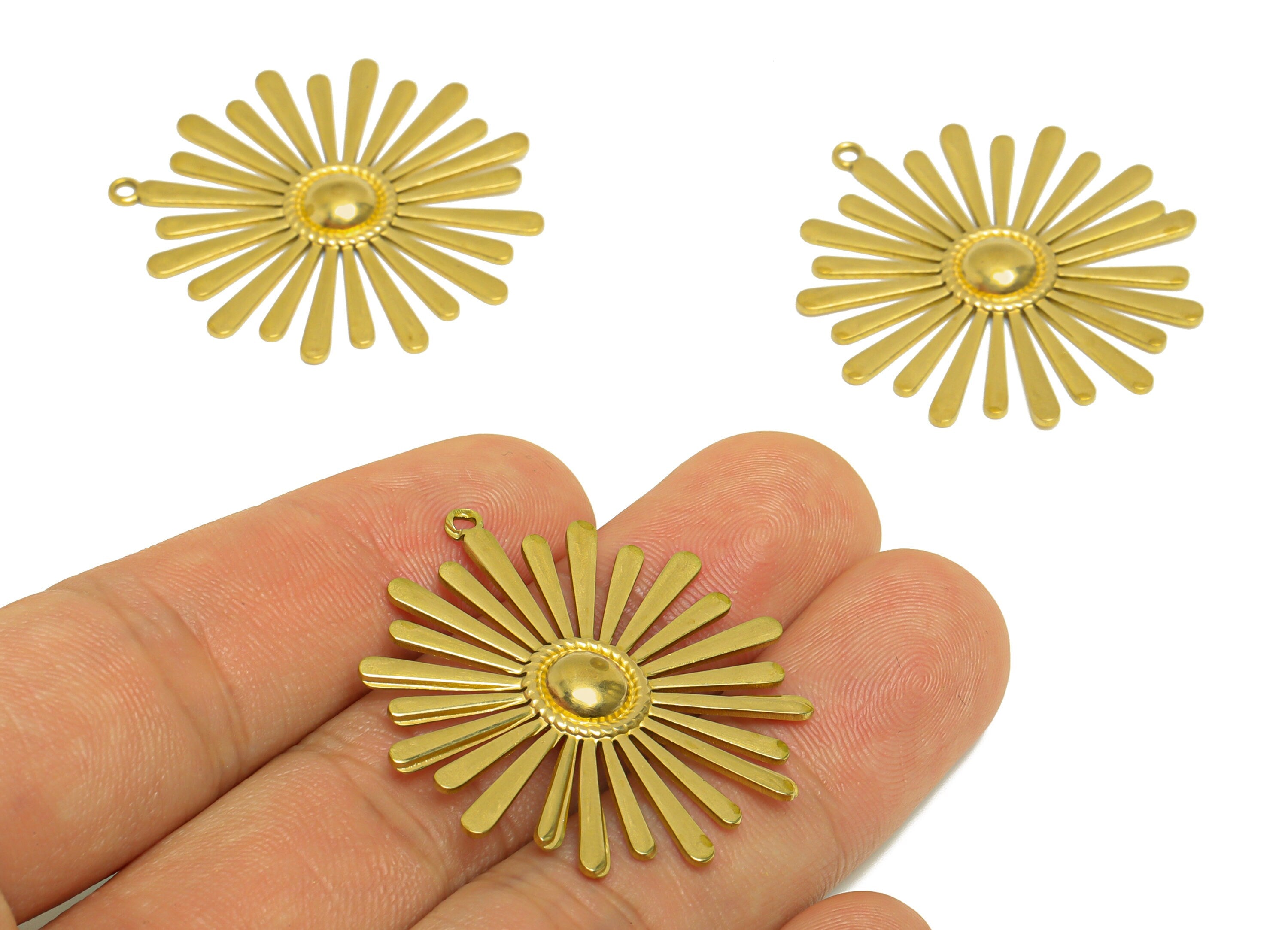 Brass Flower Earring Charm - Raw Brass Daisy Earring Charm - Brass Botanical Pendant - For Necklace - 37x34.3x2.73mm - PP10187 - DOMEDBAZAAR