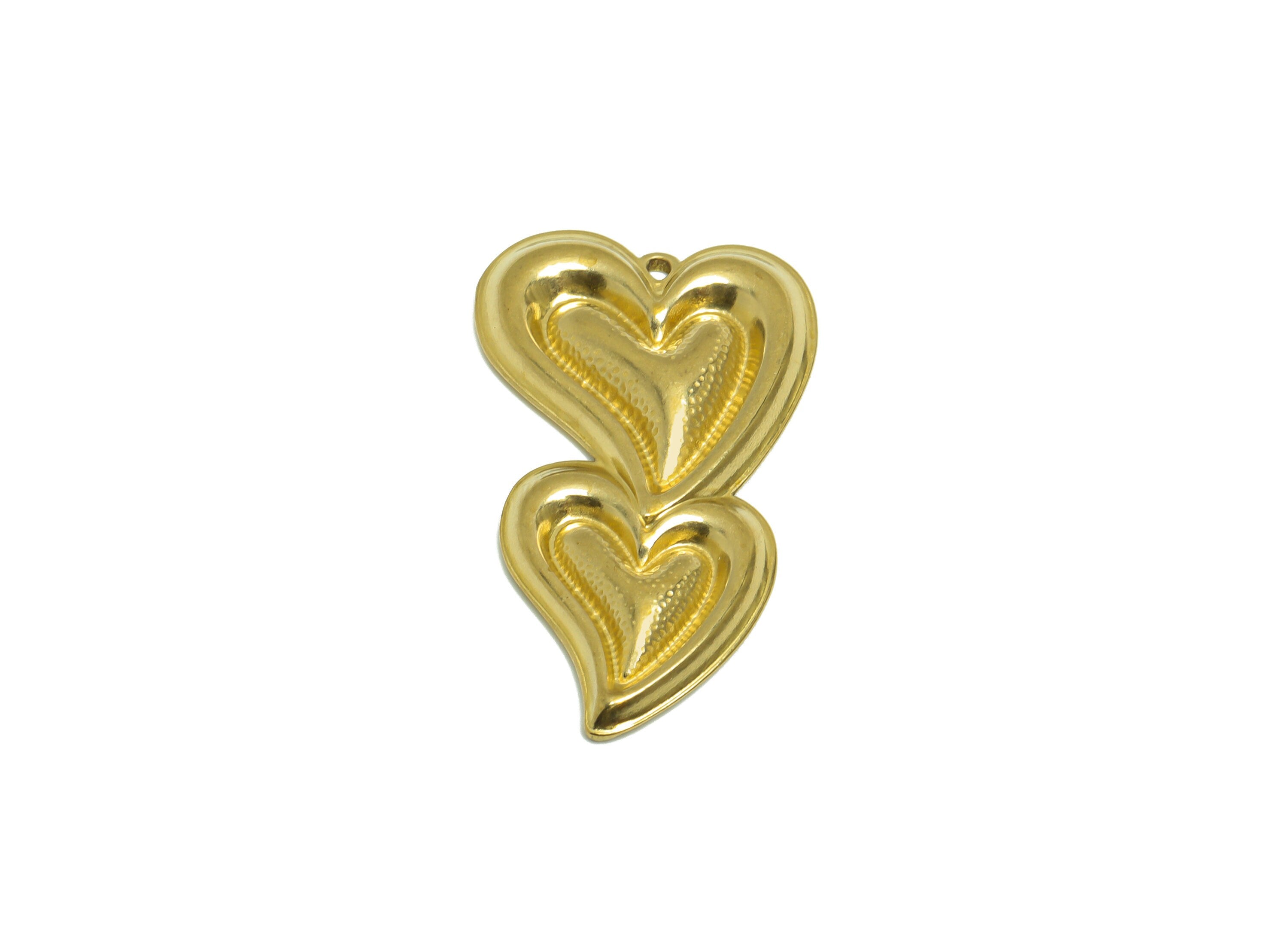 Brass Heart Earring Charm- Raw Brass Textured Heart Charm - Brass Double Heart Pendant - Cubic Heart Charm - 34.1x19.7x3.03mm - PP10175 - DOMEDBAZAAR