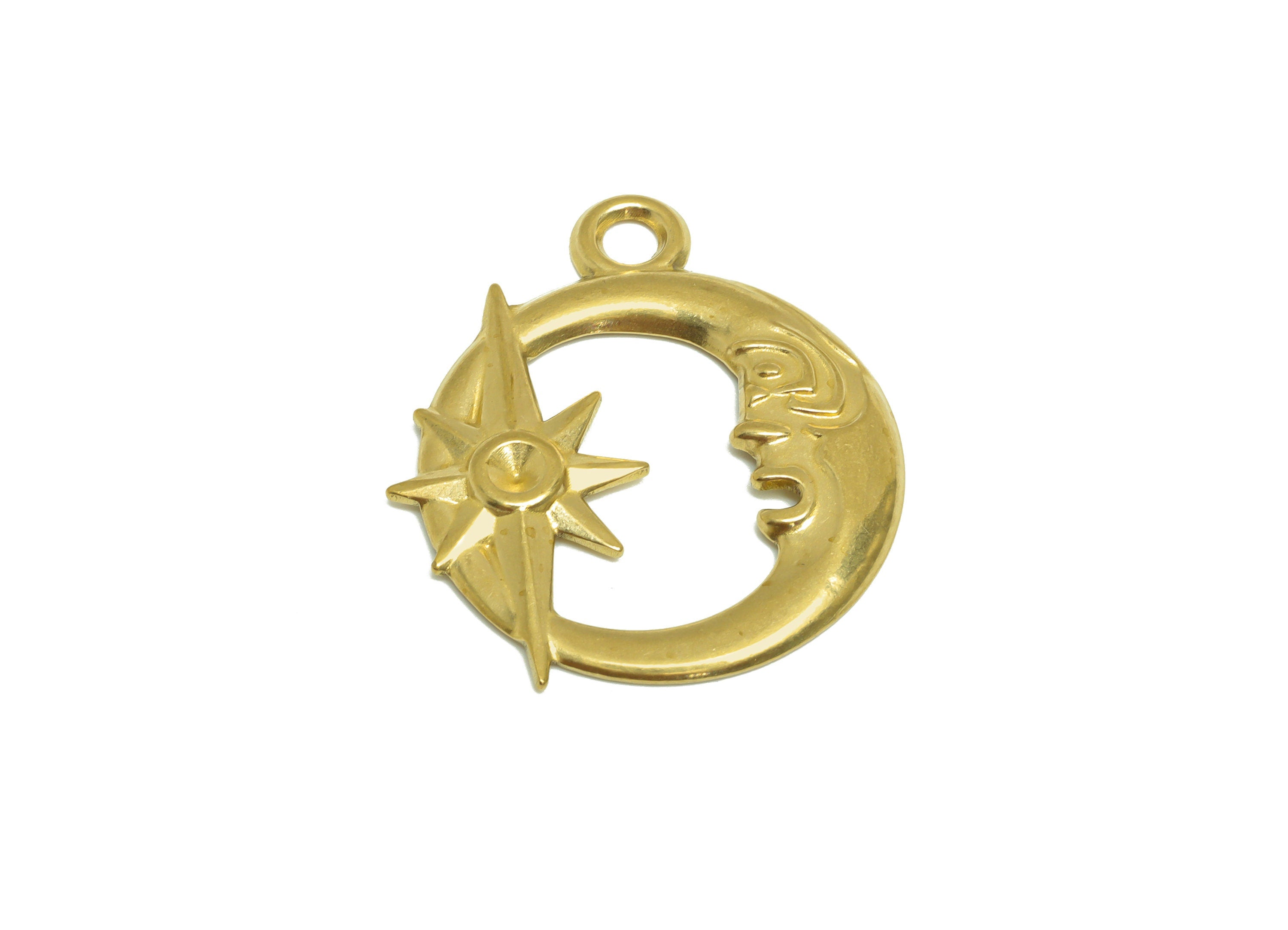 Brass Crescent Earring Charm- Raw Brass Abstract Portrait Charm - Brass Star Pendant For Diamond - Space Moon Charm - 35x29.9x2mm - PP10168 - DOMEDBAZAAR