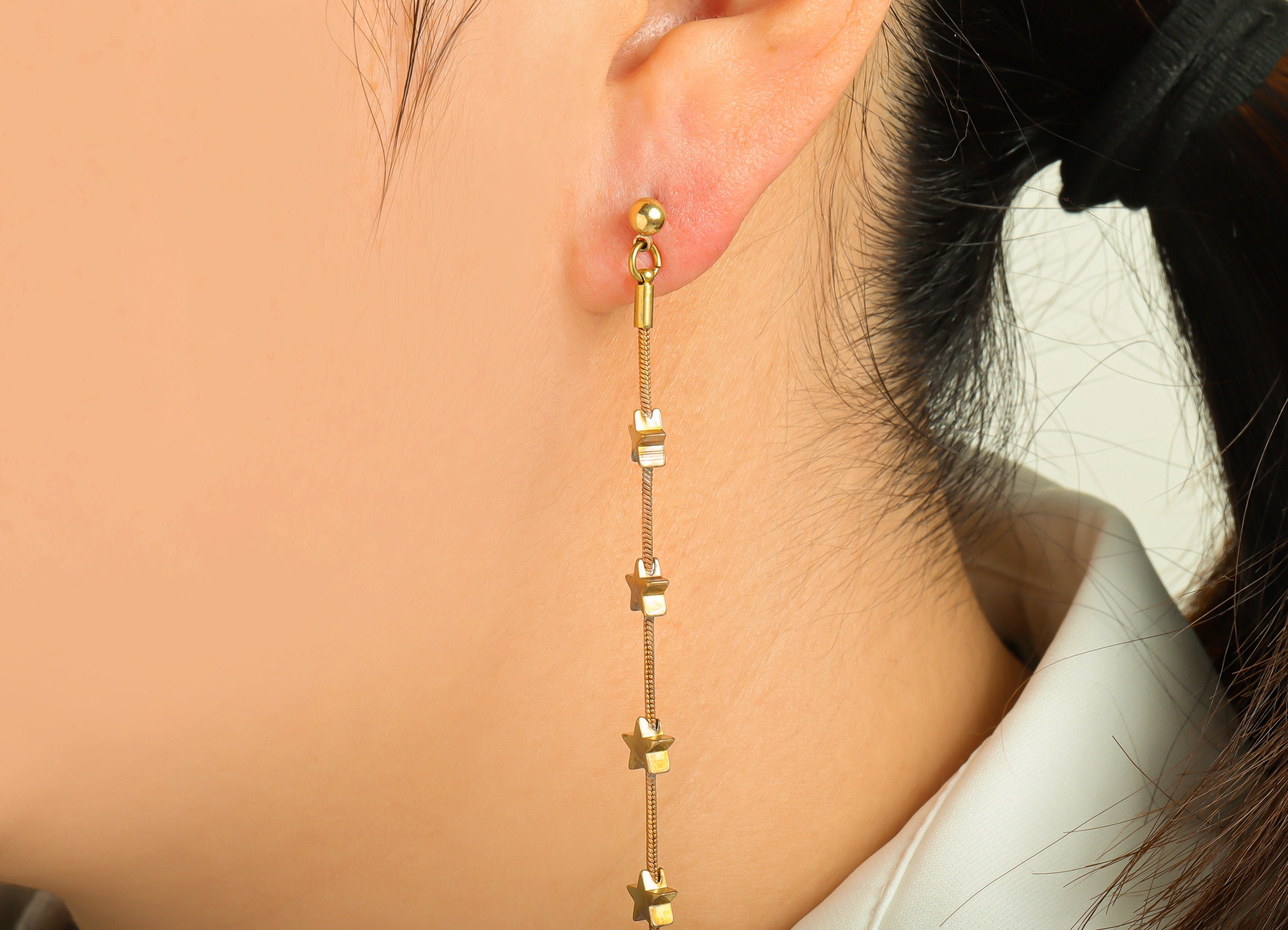 Brass Chain Star Earring Post - Raw Brass Dangle Star Earring Stud - Brass Chain Dangle Earring Post - Brass Star Post - 118x6x2mm - PP10393 - DOMEDBAZAAR