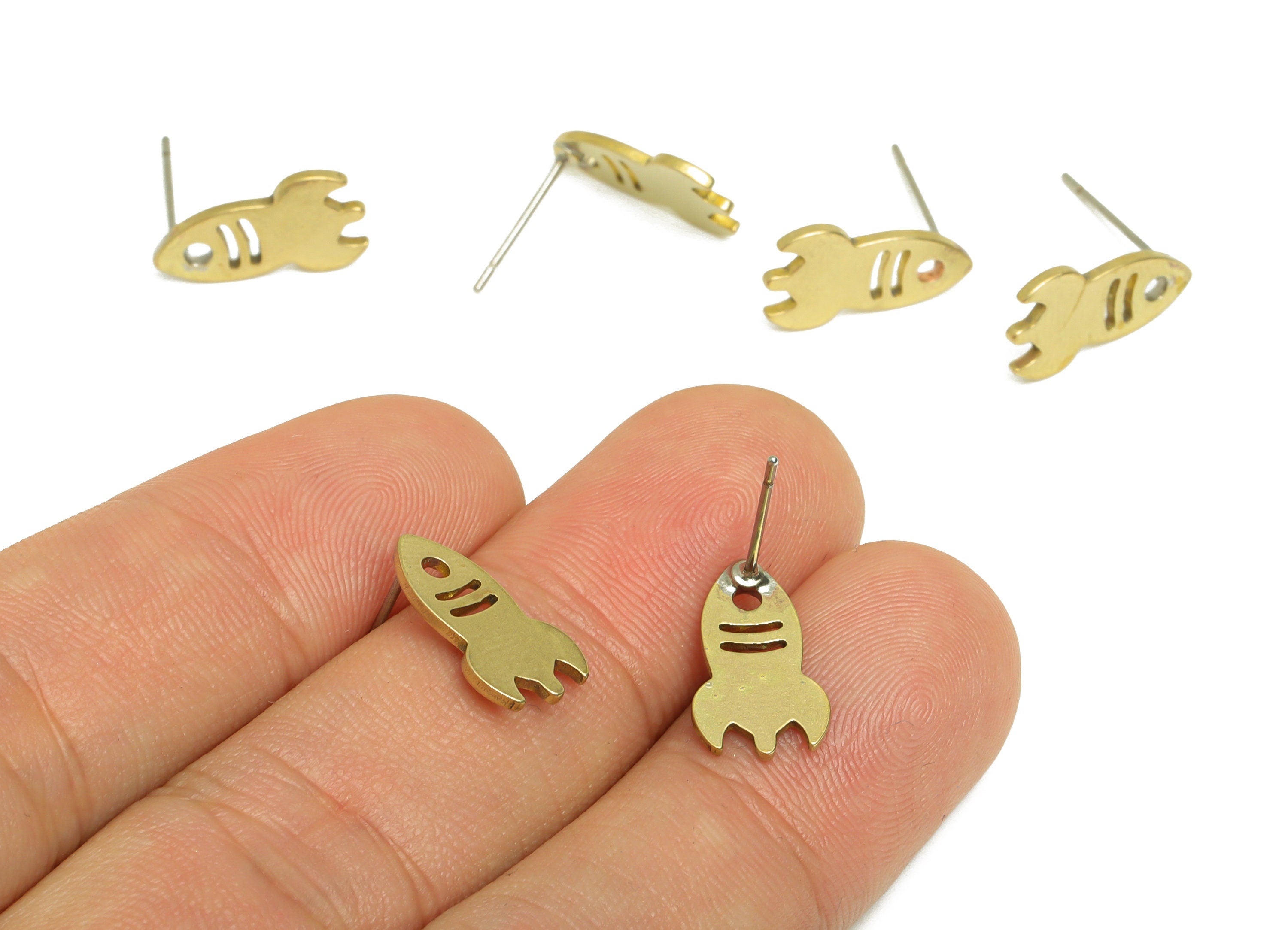 Brass Rocket Earrings Studs - Raw Brass Laser Cut Earring Post - Brass Rocket Earring Post - Brass Steel Stud - 14.6x8.5x1.02mm - PP10358 - DOMEDBAZAAR