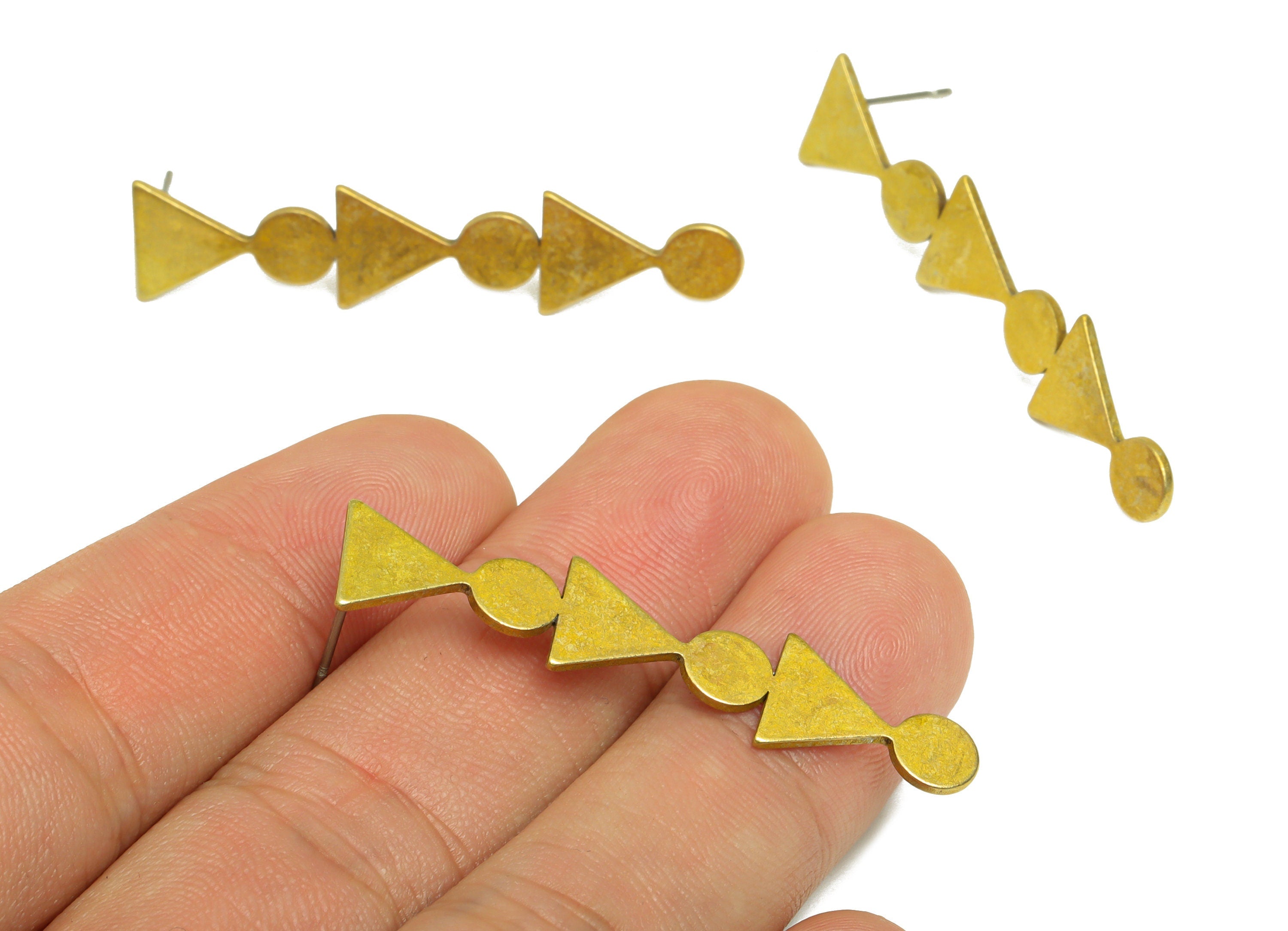 Brass Triangle Earrings Studs - Raw Brass Long Geometry Earring Post - Brass Round Earring Post - Brass Steel Stud - 44.6x10x1mm - PP10376 - DOMEDBAZAAR