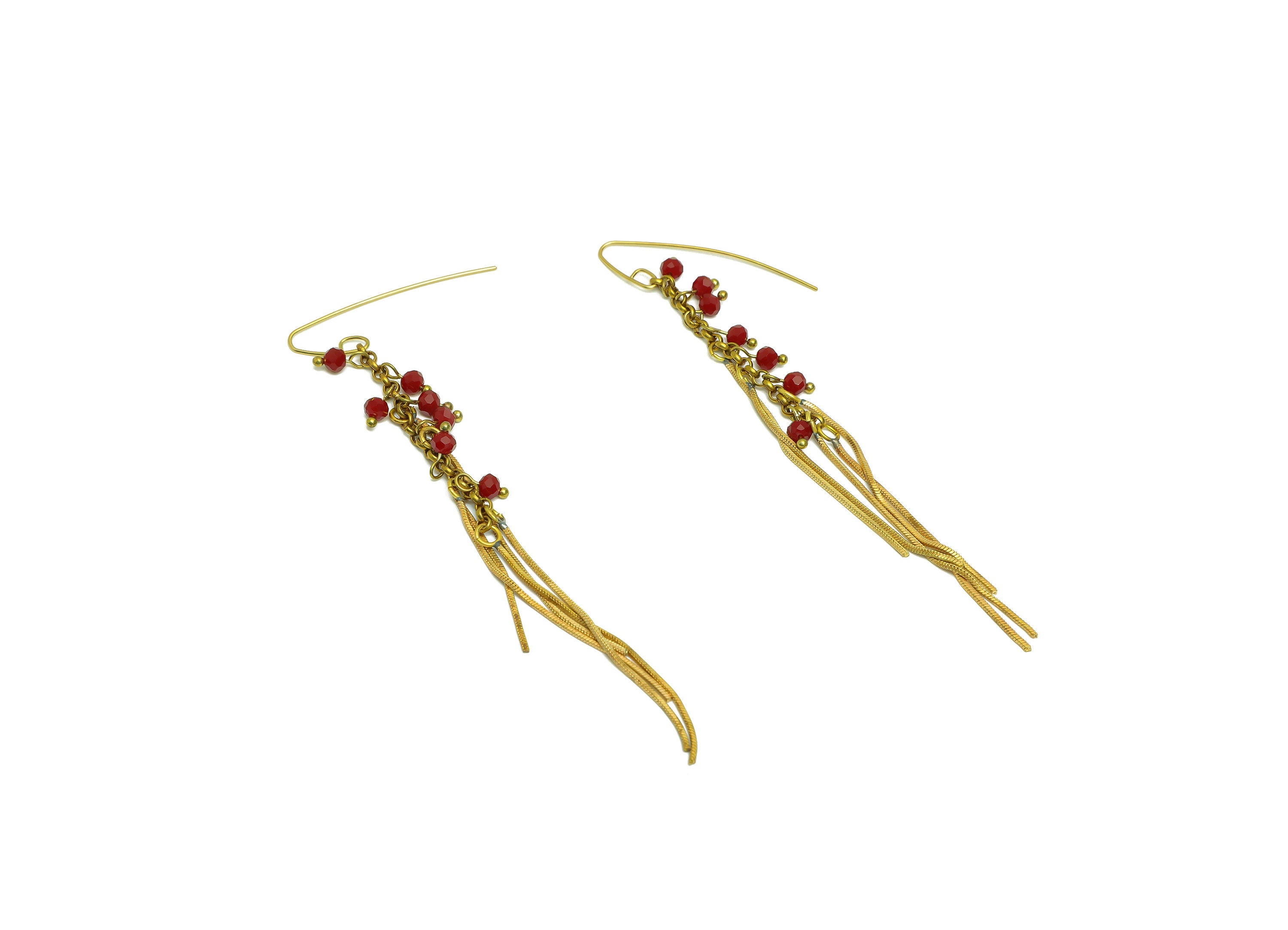 Brass Chain CZ Ear Wire - Brass Red Bead Earring Hook - Brass Cubic Zircon Earring Hook - Snake Chain Hook Earring - 114x11x4mm - PP10401 - DOMEDBAZAAR