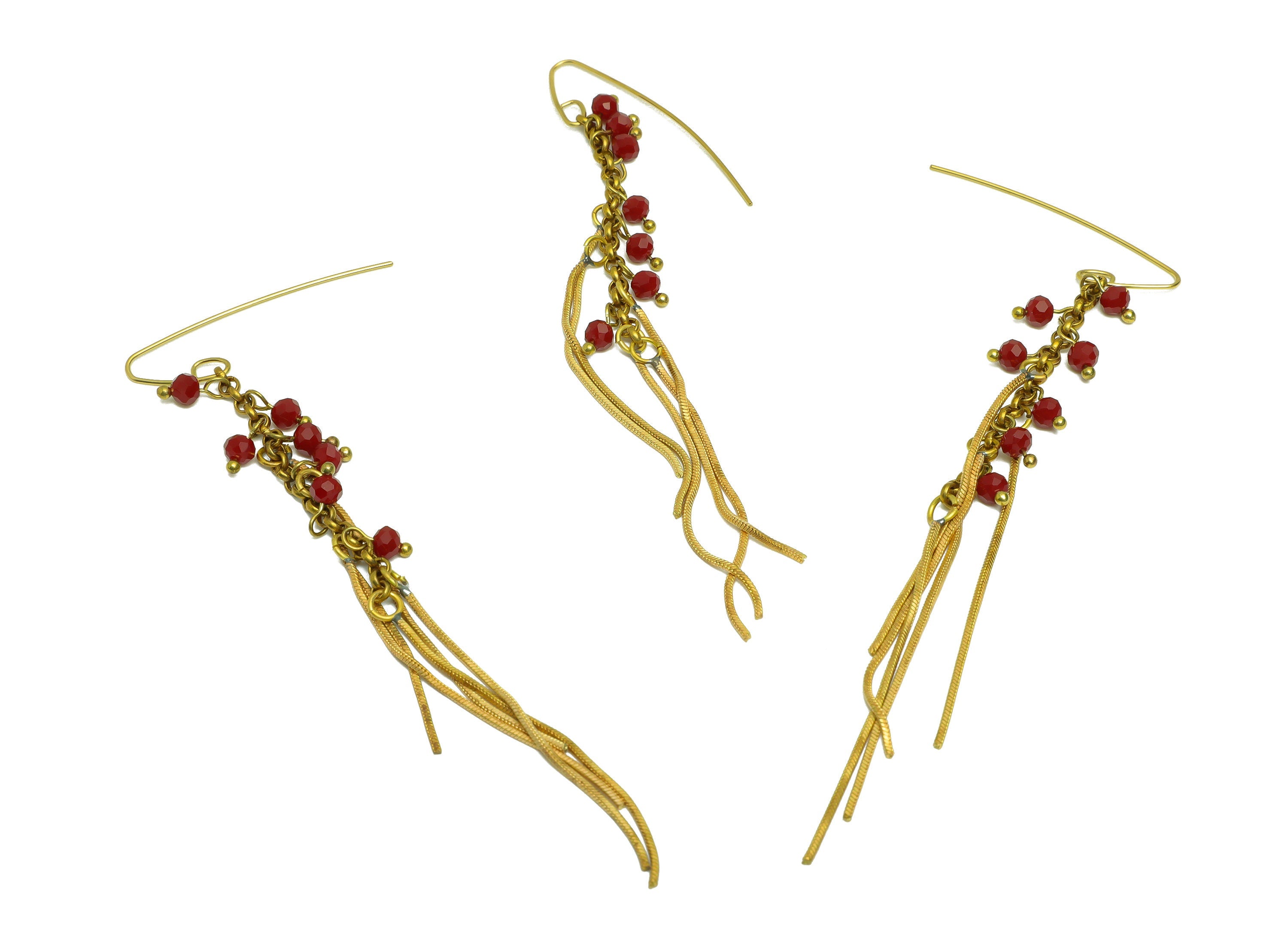 Brass Chain CZ Ear Wire - Brass Red Bead Earring Hook - Brass Cubic Zircon Earring Hook - Snake Chain Hook Earring - 114x11x4mm - PP10401 - DOMEDBAZAAR