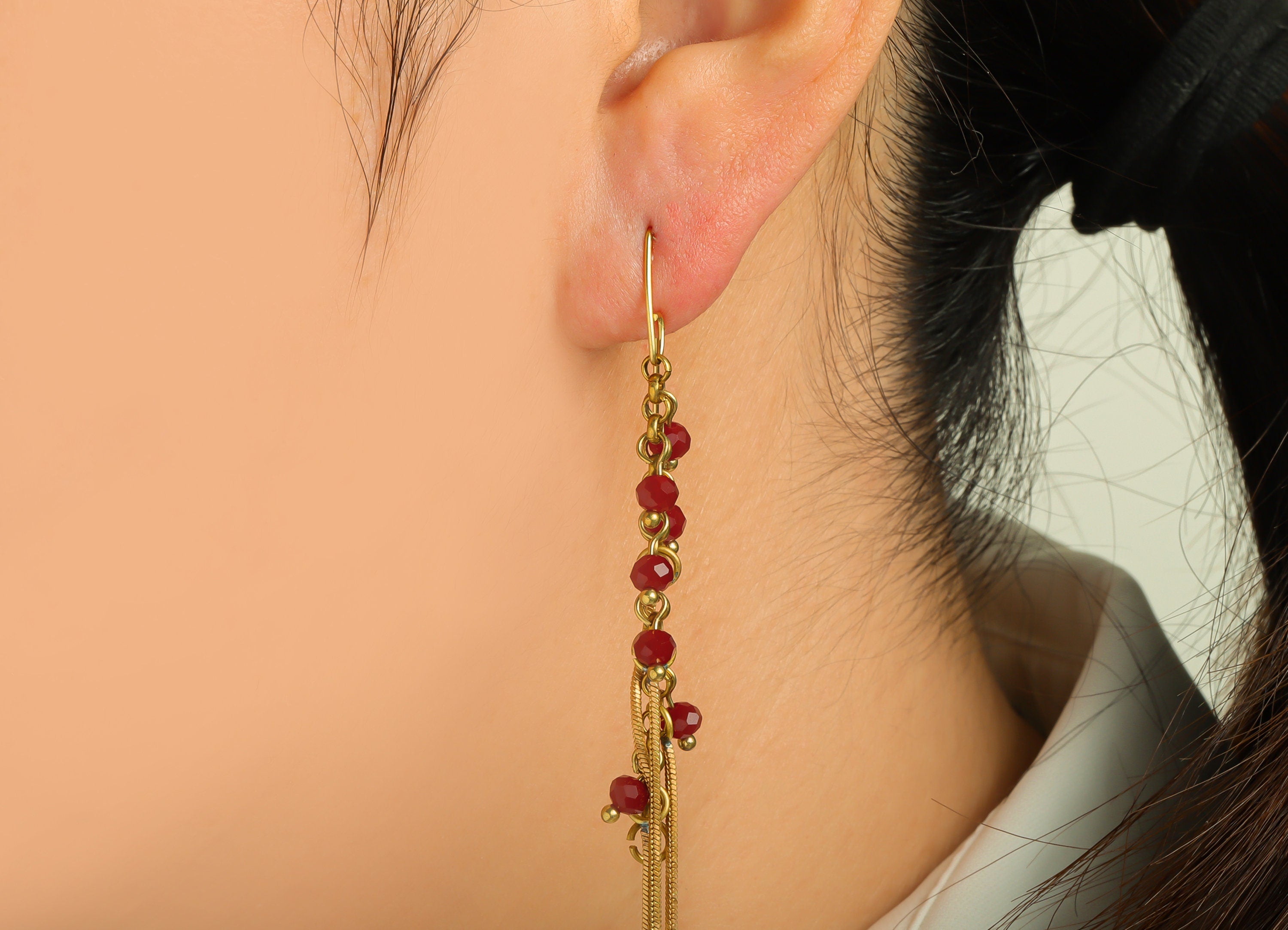 Brass Chain CZ Ear Wire - Brass Red Bead Earring Hook - Brass Cubic Zircon Earring Hook - Snake Chain Hook Earring - 114x11x4mm - PP10401 - DOMEDBAZAAR