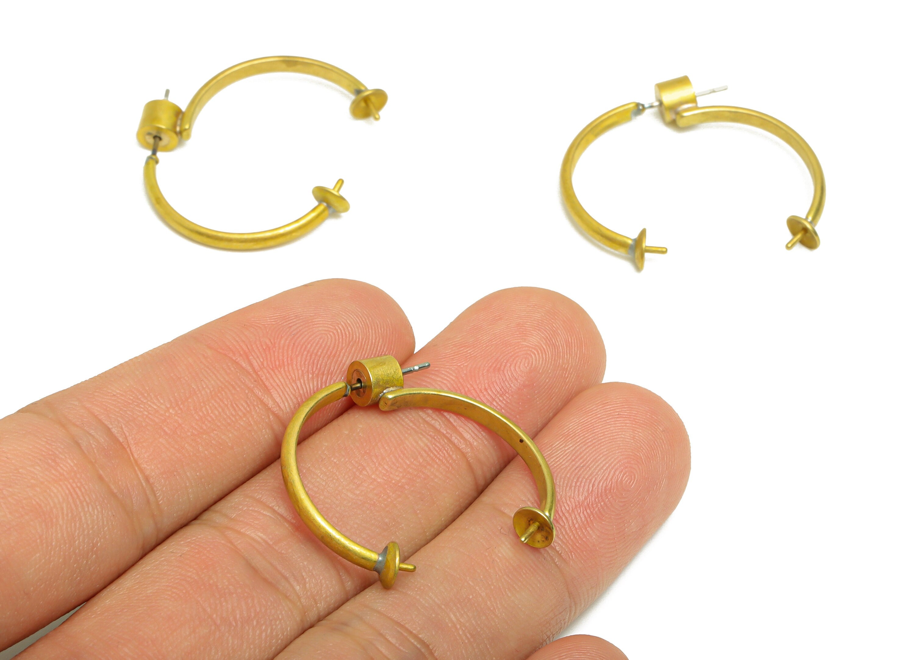 Brass Hoop C Earring Post - Raw Brass Open Hoop Earring Stud - Brass Hoop Earring Post - Pearl Setting For Earring - 30x4x4.9mm - PP10382 - DOMEDBAZAAR