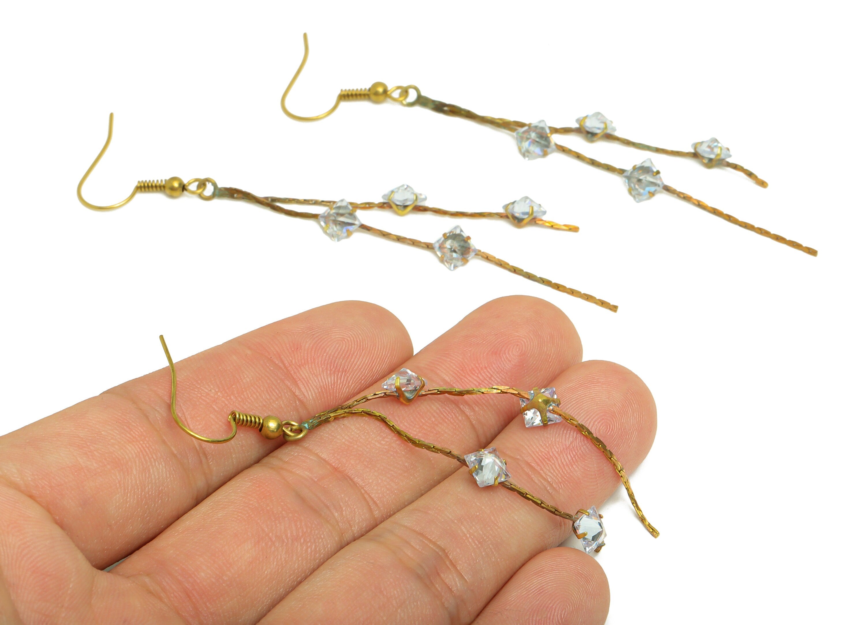 Brass Diamond Bead Ear Wire - Brass Chain Earring Hook - Brass Cubic Zircon Wire Hook - Brass Tassel Hook Earring - 83x6.4x4mm - PP10397 - DOMEDBAZAAR