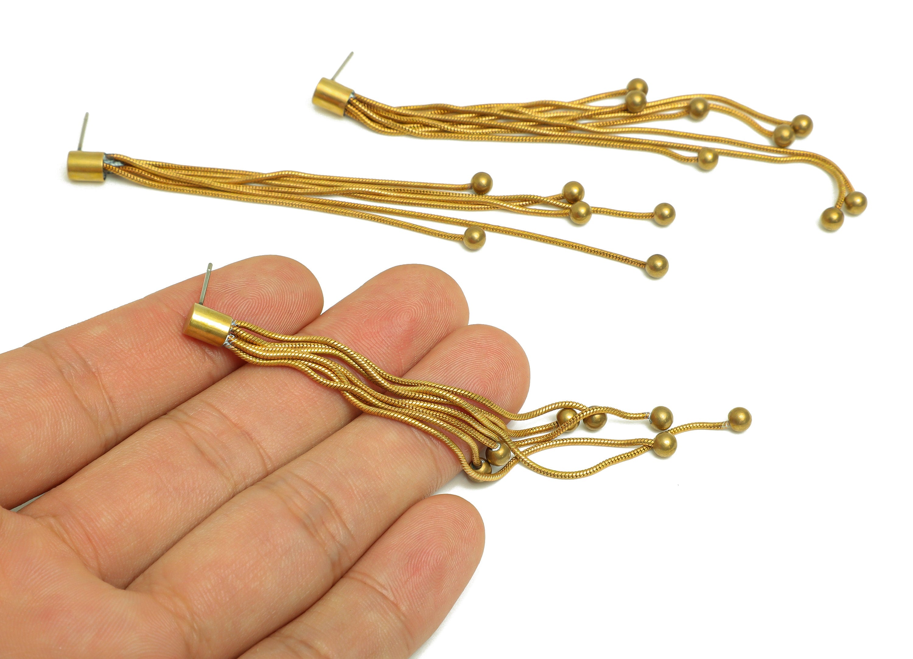 Brass Tassel Wire Earring Post - Brass Chain Bead Earring Stud - Brass Snake Chian Earring Post - Brass Tassel Post - 104x5.5x5mm - PP10407 - DOMEDBAZAAR