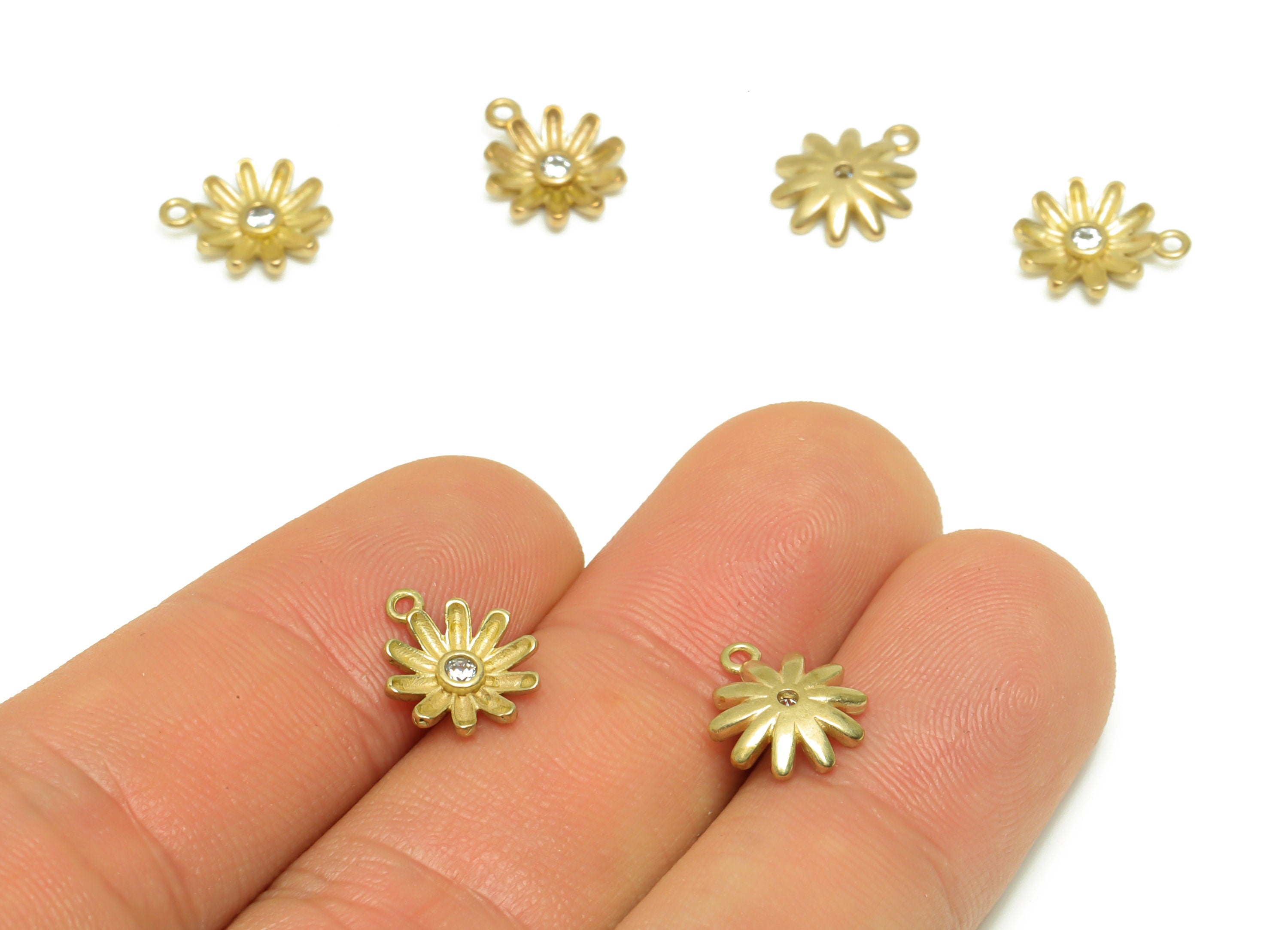 Brass CZ Flower Earring Charm - Raw Brass Daisy Earring Charm - Brass Cubic Zircon Earring Charm - Brass Zircon Charm - 11.7x9x2mm - PP9865 - DOMEDBAZAAR