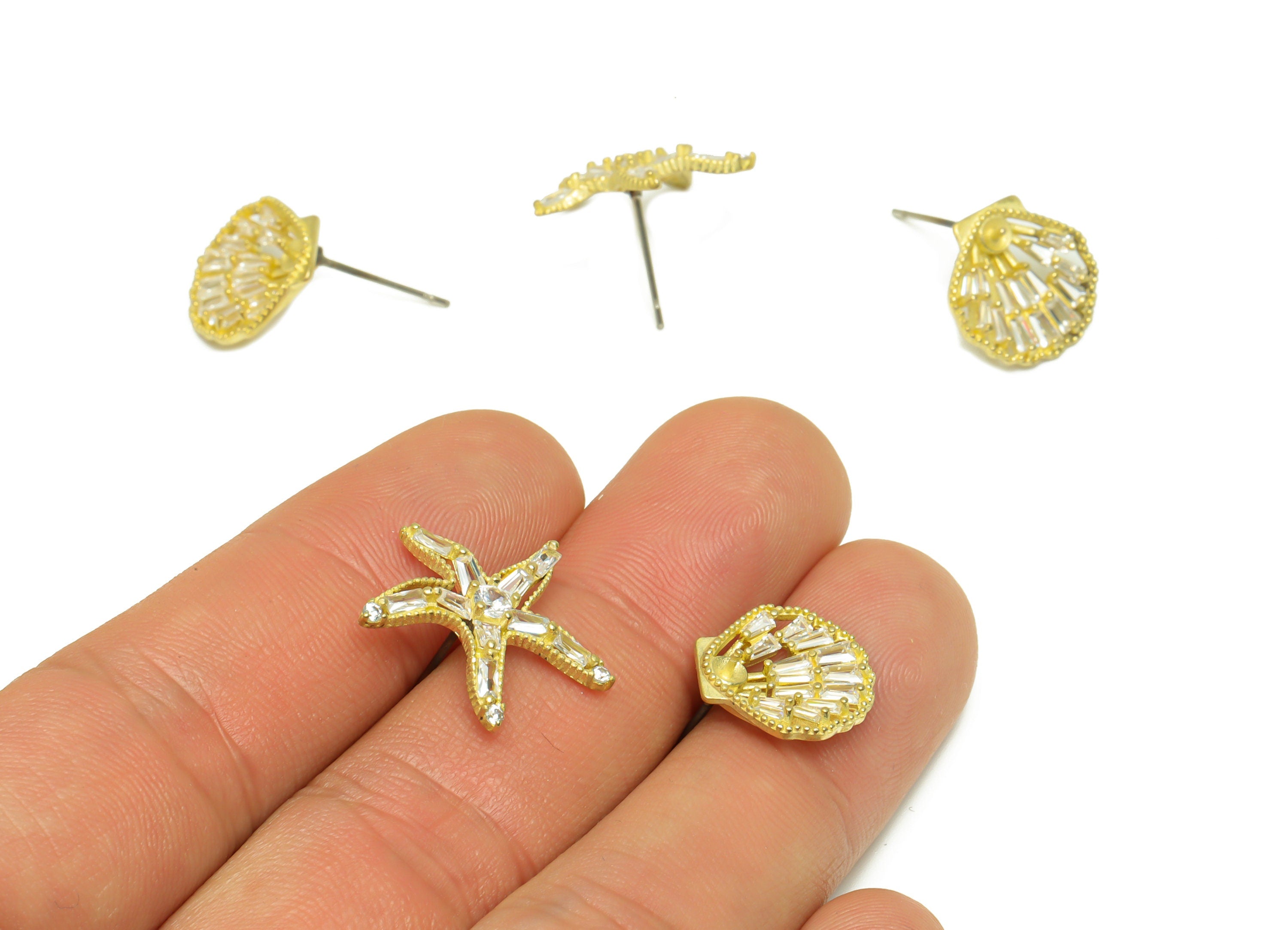 Brass CZ Starfish Earring Post - Brass Shell Earring Stud - Brass Cubic Zircon Marine Earring Post - Brass Marine Post - 19x18x3mm - PP9913 - DOMEDBAZAAR