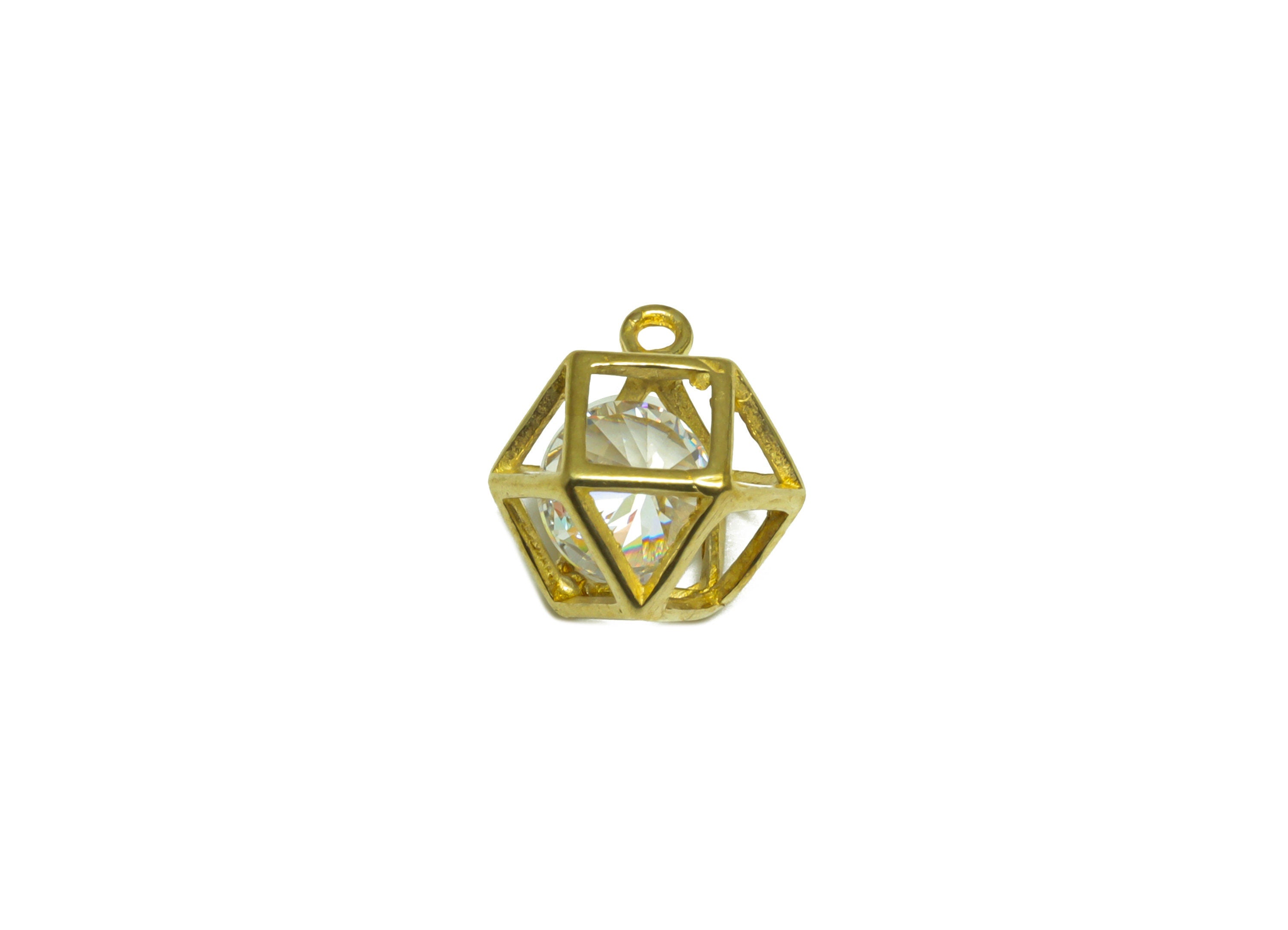 CZ Diamond Ball Pendant - Raw Brass Square CZ Cage Football Earring Charm - Triangle Geometry Zircon Pendant - 13x11x8mm - PP10053 - DOMEDBAZAAR