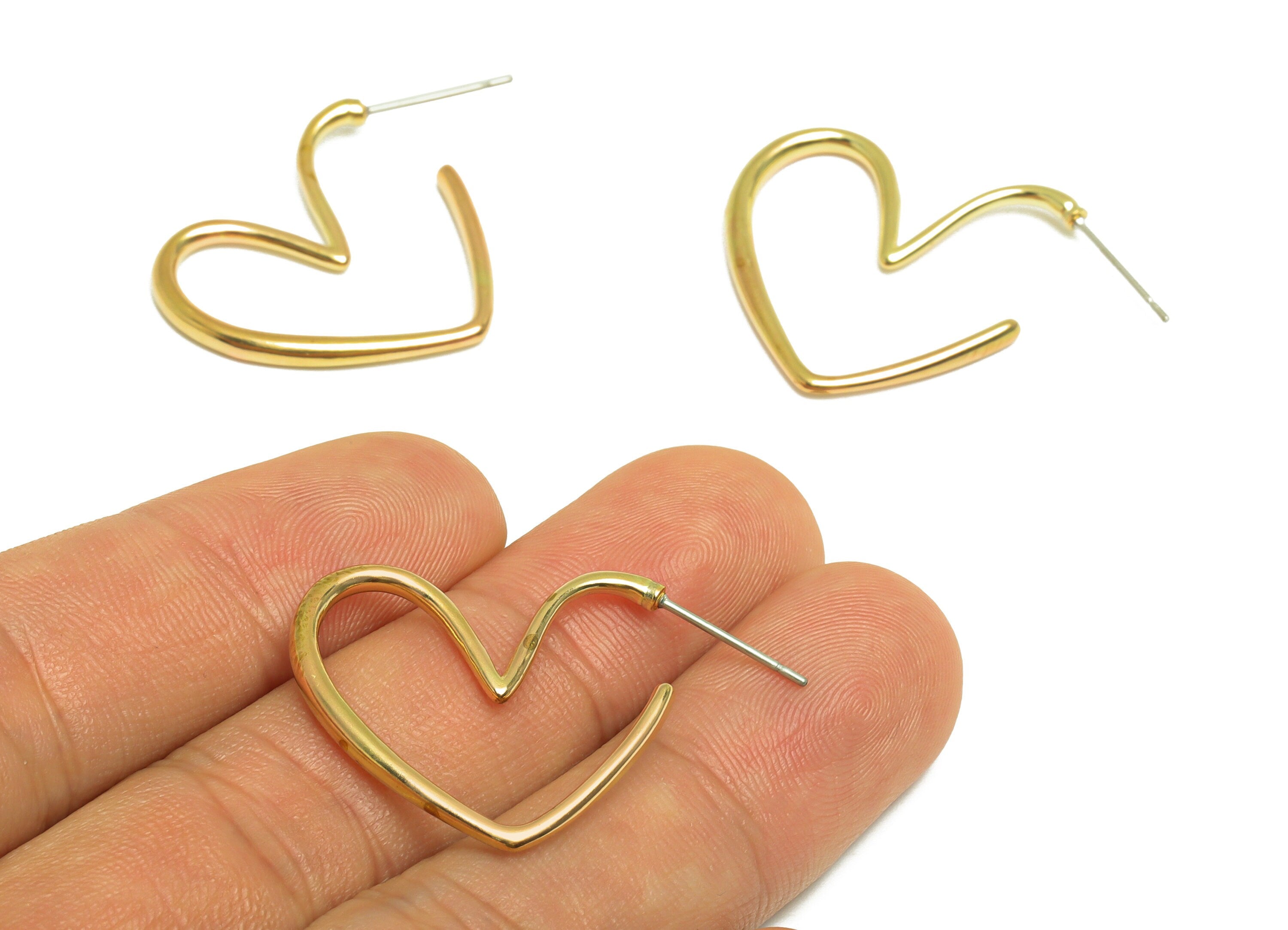 Brass Heart Earring Stud - Raw Brass Wire Heart Earring Post - Brass Heart Earring Post - Brass Wire Earring Post - 35.8x24.3x2mm - PP10063 - DOMEDBAZAAR