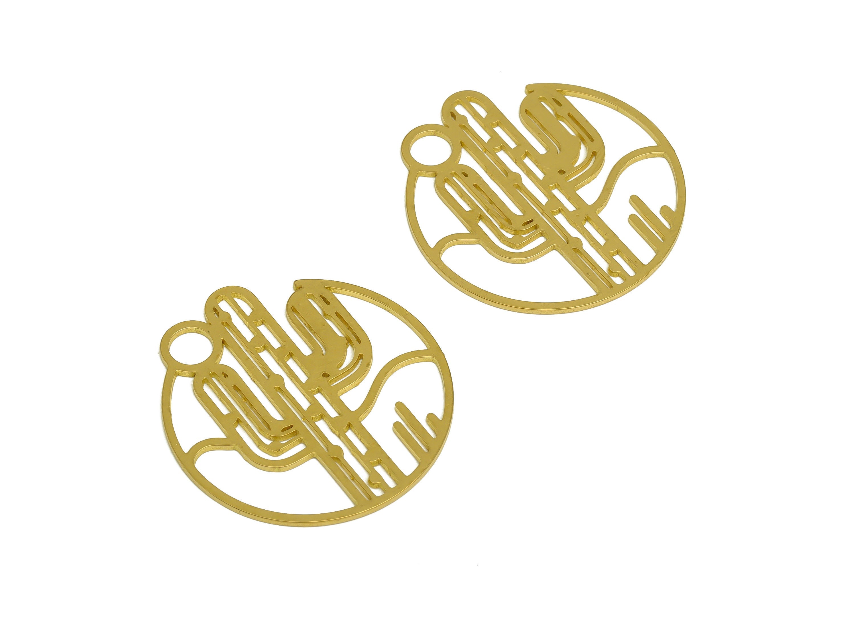 Brass Round Cactus Earring Charms - Raw Brass Hollow Cactus Circle Botanical Pendant - Jewelry Making Supplies - 34.7x 32.8x 0.8mm - PP10357 - DOMEDBAZAAR