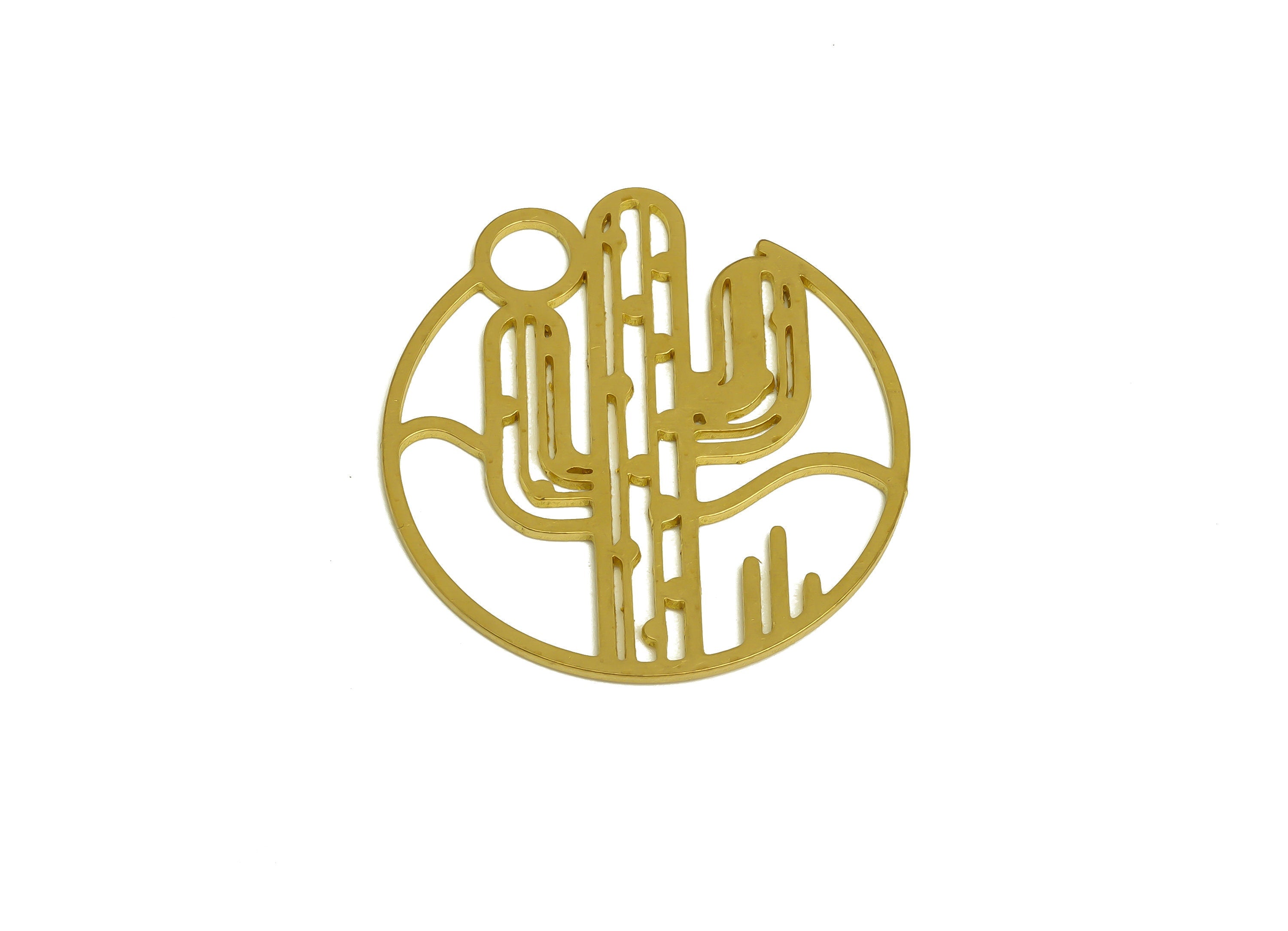 Brass Round Cactus Earring Charms - Raw Brass Hollow Cactus Circle Botanical Pendant - Jewelry Making Supplies - 34.7x 32.8x 0.8mm - PP10357 - DOMEDBAZAAR