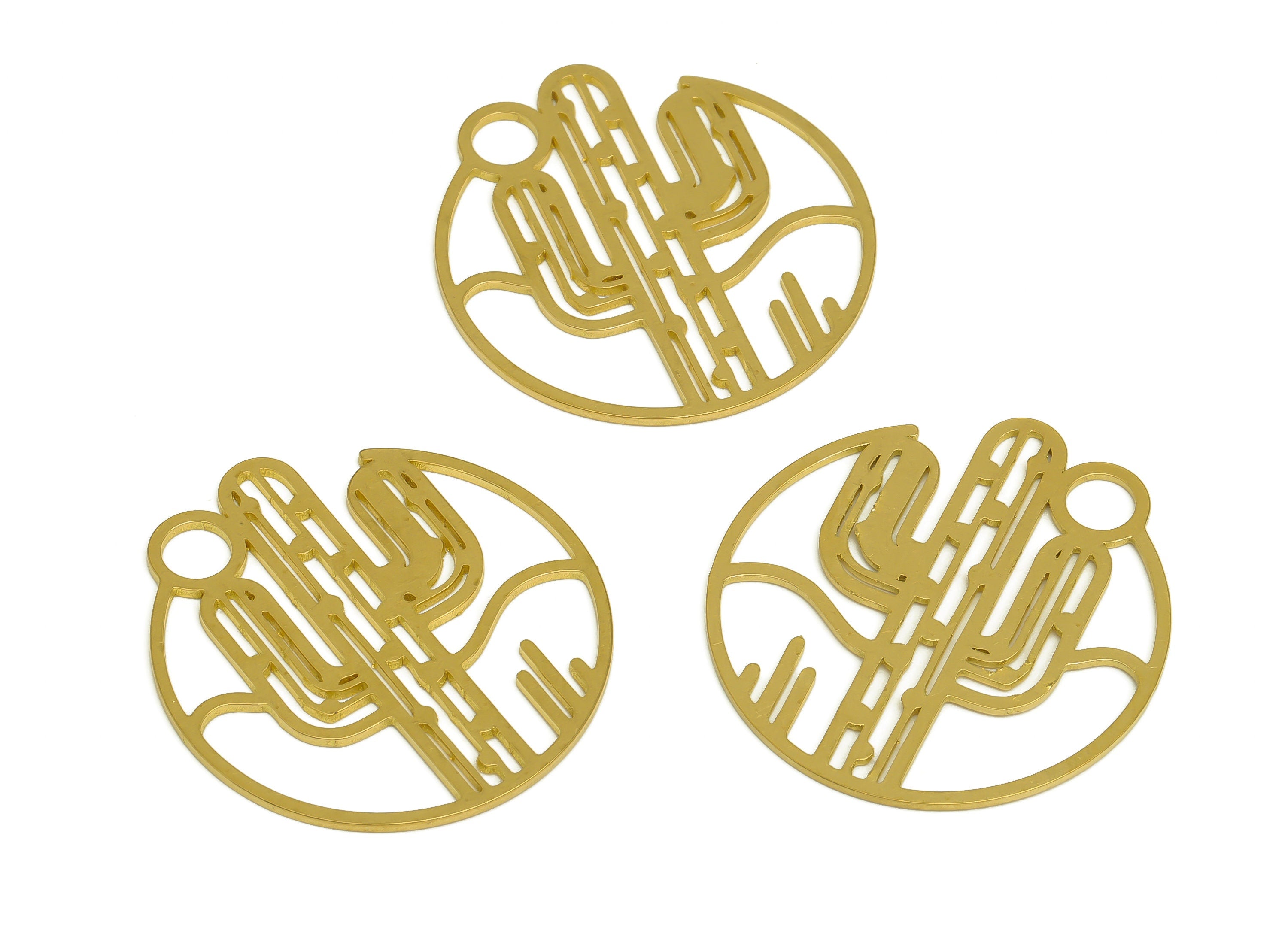 Brass Round Cactus Earring Charms - Raw Brass Hollow Cactus Circle Botanical Pendant - Jewelry Making Supplies - 34.7x 32.8x 0.8mm - PP10357 - DOMEDBAZAAR