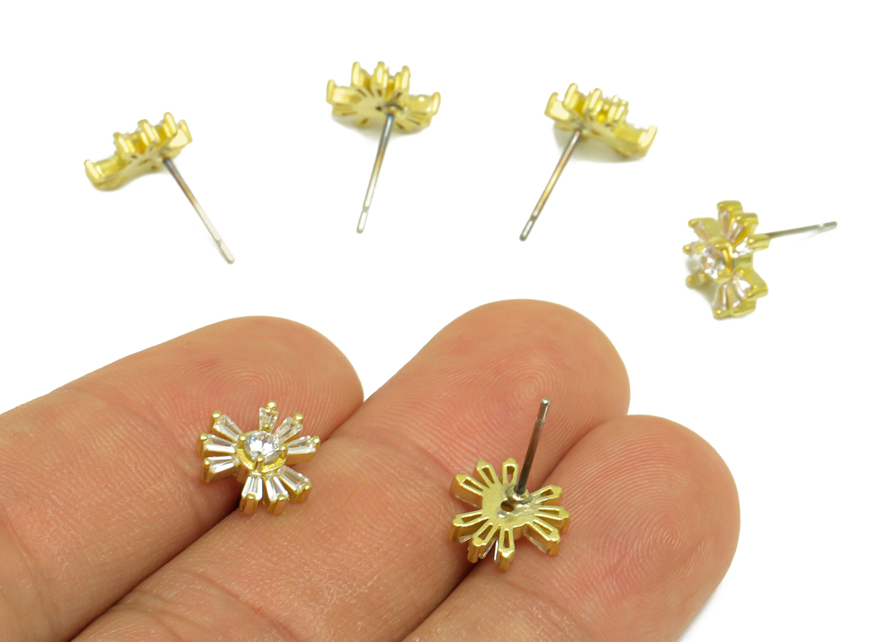 Brass CZ Flower Earring Post - Raw Brass Cubic Zircon Trapezoid Earring Post - Brass Zircon Earring Post - Earring Stud - 15x9x3mm - PP10109 - DOMEDBAZAAR
