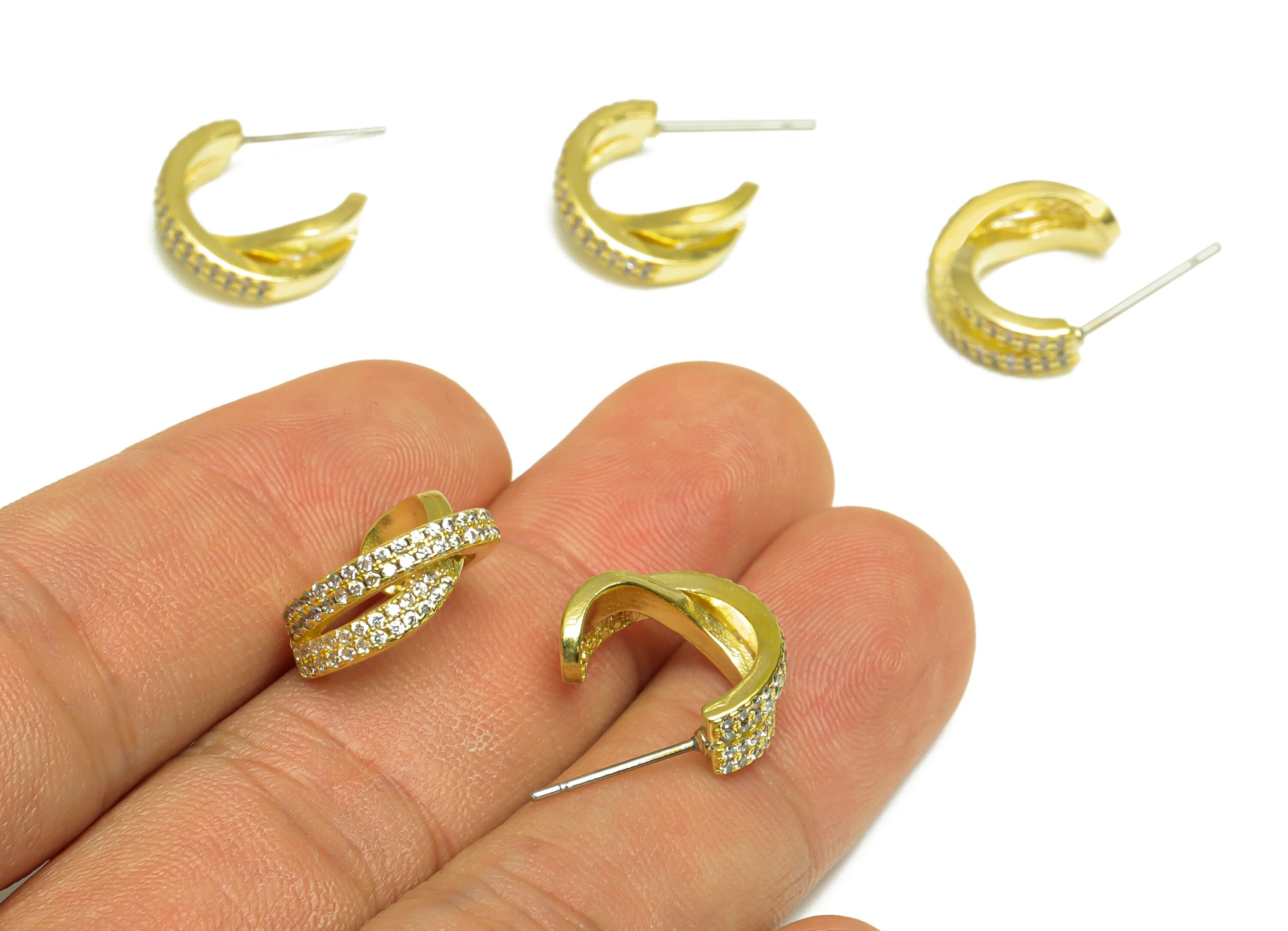 Brass CZ Hoop Earring Post - Raw Brass C Hoop Cubic Zircon Earring Post - Brass Cross Open Hoop Zircon Earring Post - 20x14.5x6mm - PP10113 - DOMEDBAZAAR