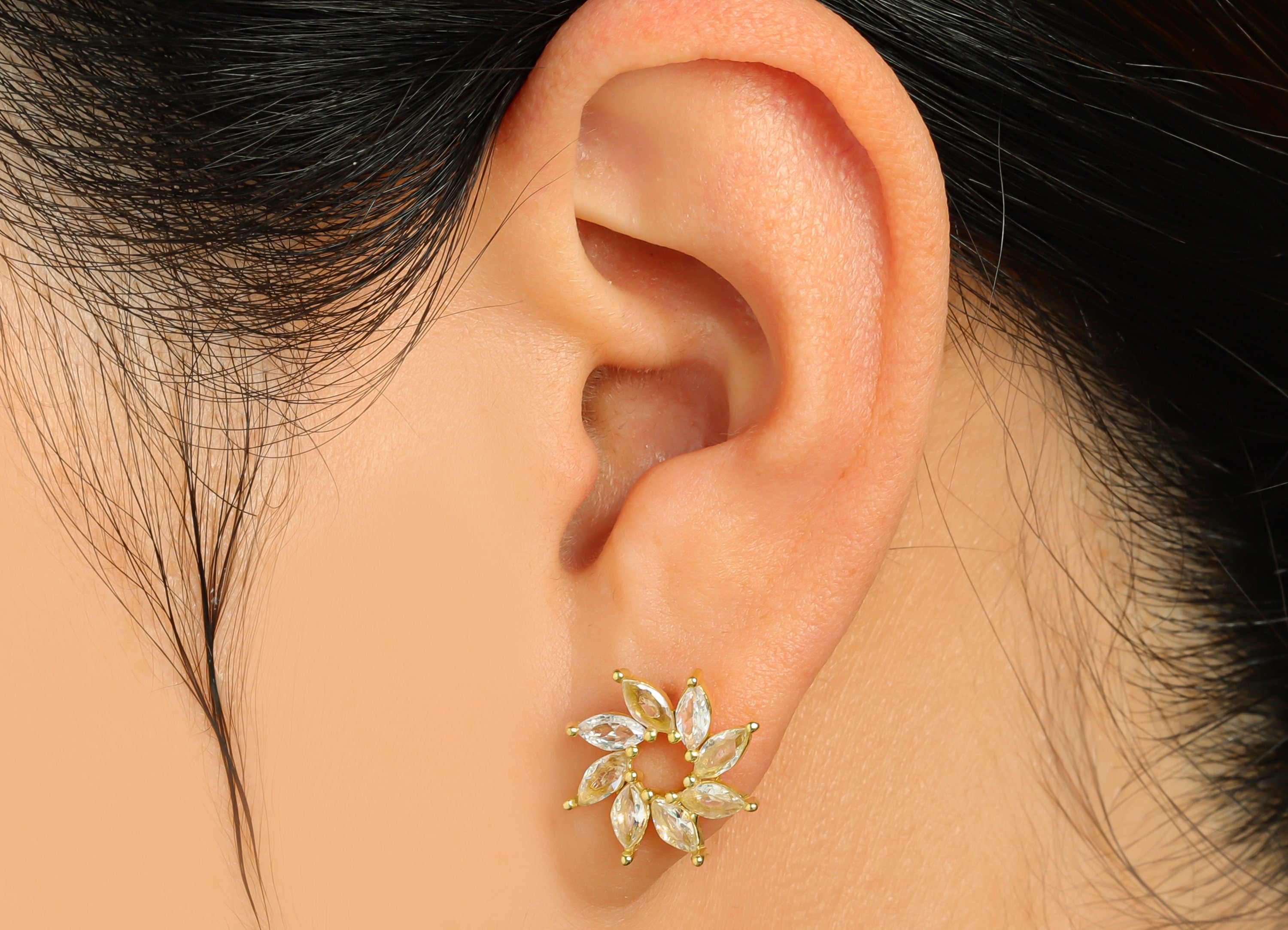 Brass CZ Windmill Earring Post - Raw Brass Marquise Cubic Zircon Earring Post - Brass Flower Zircon Earring Post - 15x14.5x3.08mm - PP10101 - DOMEDBAZAAR