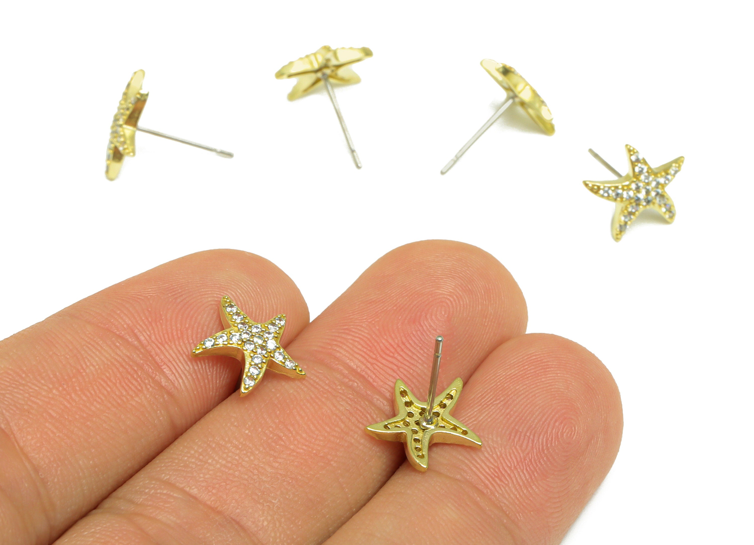 Brass CZ Starfish Earring Post - Raw Brass Starfish Cubic Zircon Earring Post - Brass Star Zircon Earring Post - 13.3x10.3x2.15mm - PP10106 - DOMEDBAZAAR