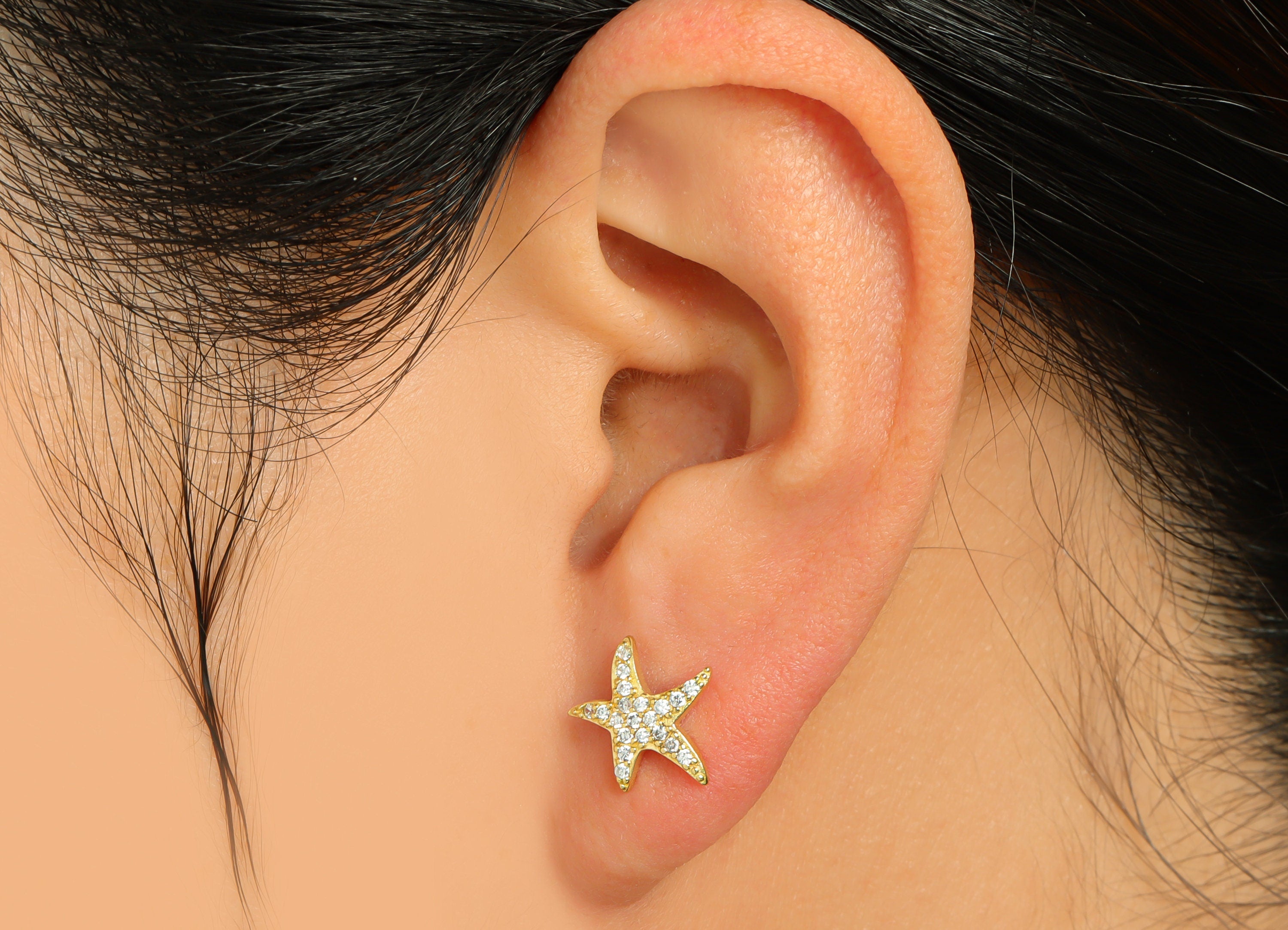 Brass CZ Starfish Earring Post - Raw Brass Starfish Cubic Zircon Earring Post - Brass Star Zircon Earring Post - 13.3x10.3x2.15mm - PP10106 - DOMEDBAZAAR