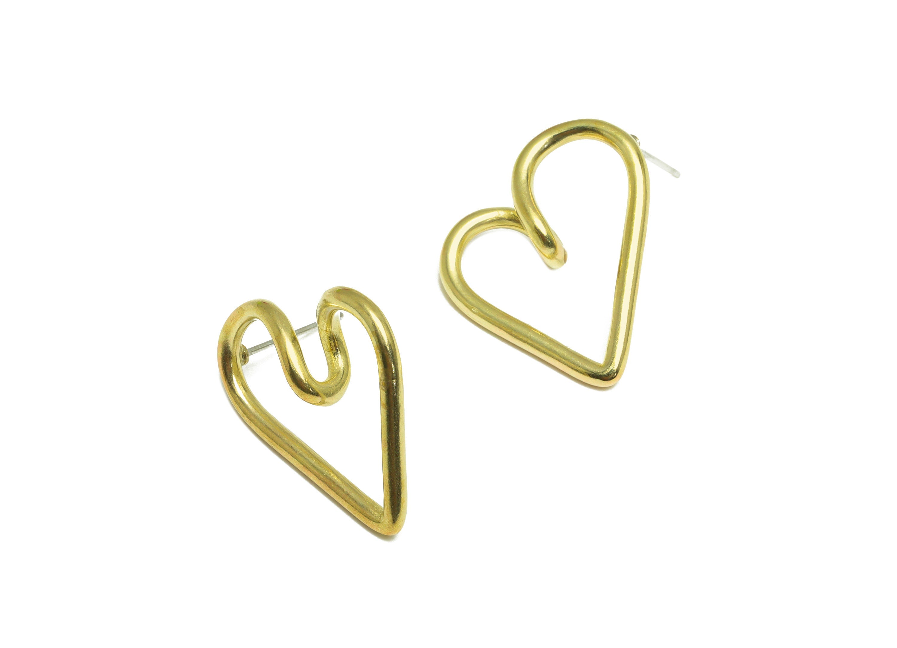 Brass Heart Wire Earring Post - Raw Brass Heart Earring Post - Brass Curved Heart Earring Post - Brass Heart Steel Stud - 25x22x7mm- PP10058 - DOMEDBAZAAR