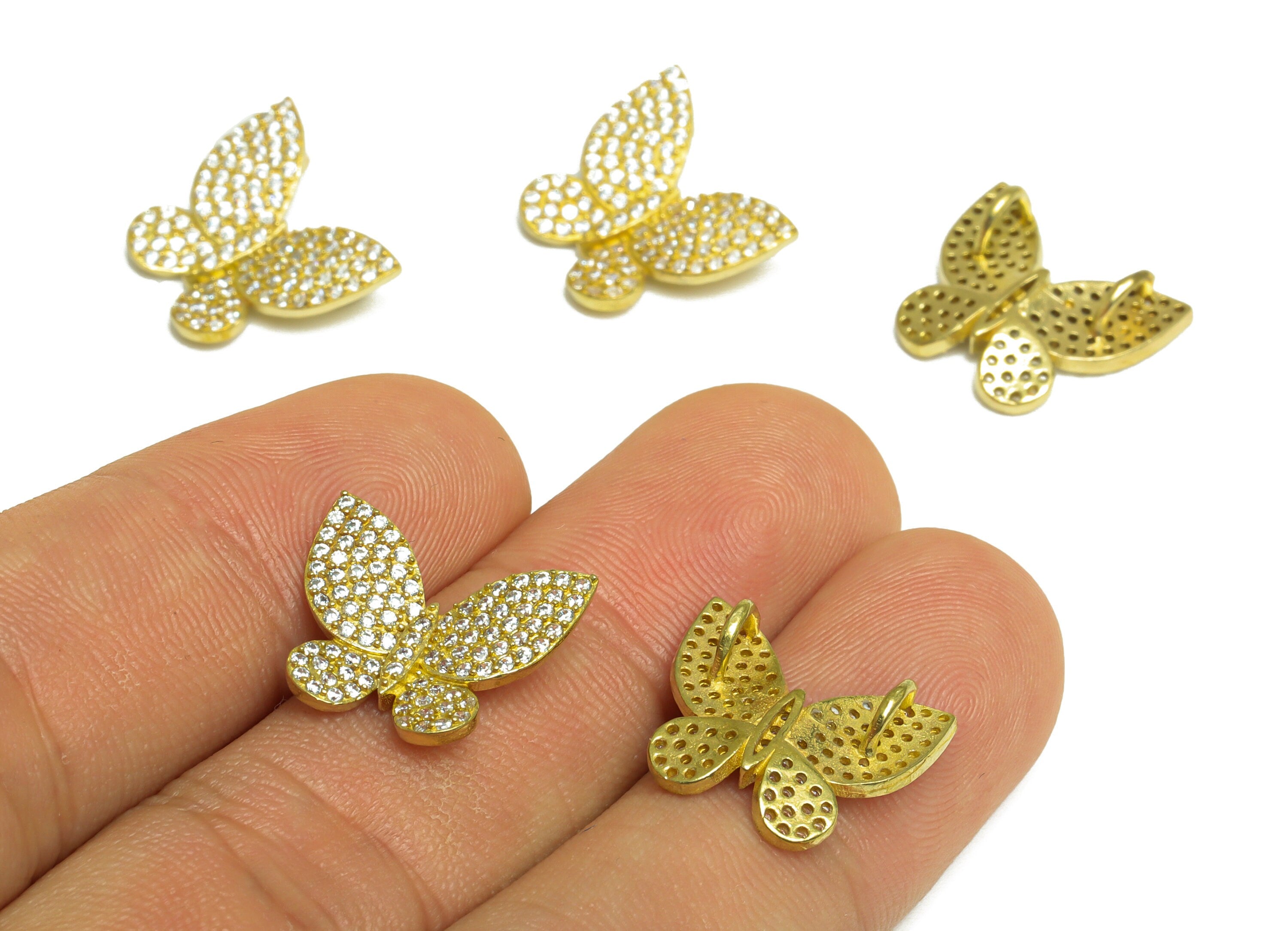 Brass CZ Butterfly Hairclip Charm - Raw Brass Butterfly Cubic Zircon Charm - Brass Butterfly Pendant - For Necklace - 16x14x4mm - PP10078 - DOMEDBAZAAR