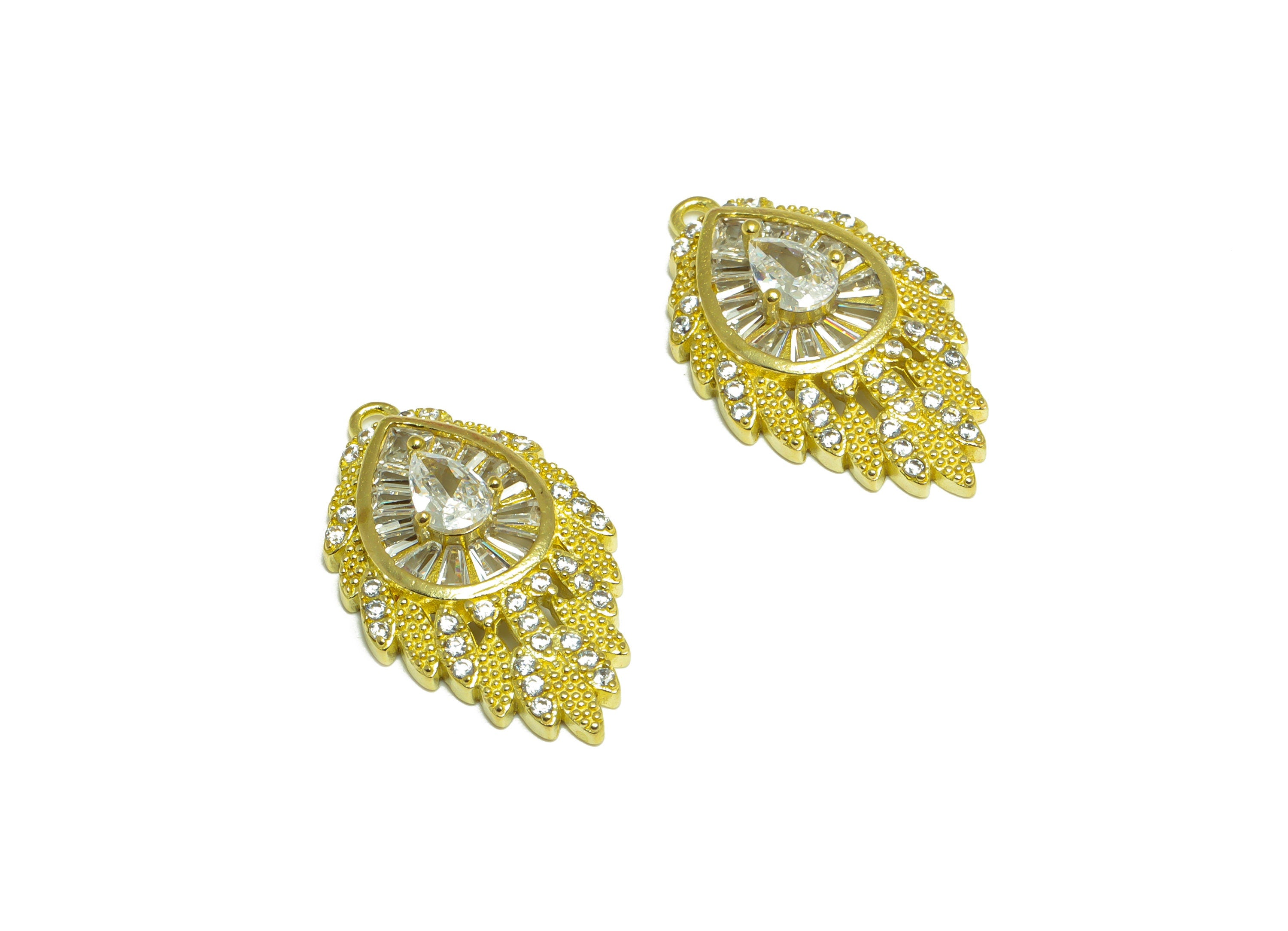 Brass CZ Teardrop Pendant - Raw Brass Drop Feather Cubic Zircon Charm - Brass Drop Pendant - For Necklace - 25.5x14.7x5.4mm - PP10077 - DOMEDBAZAAR