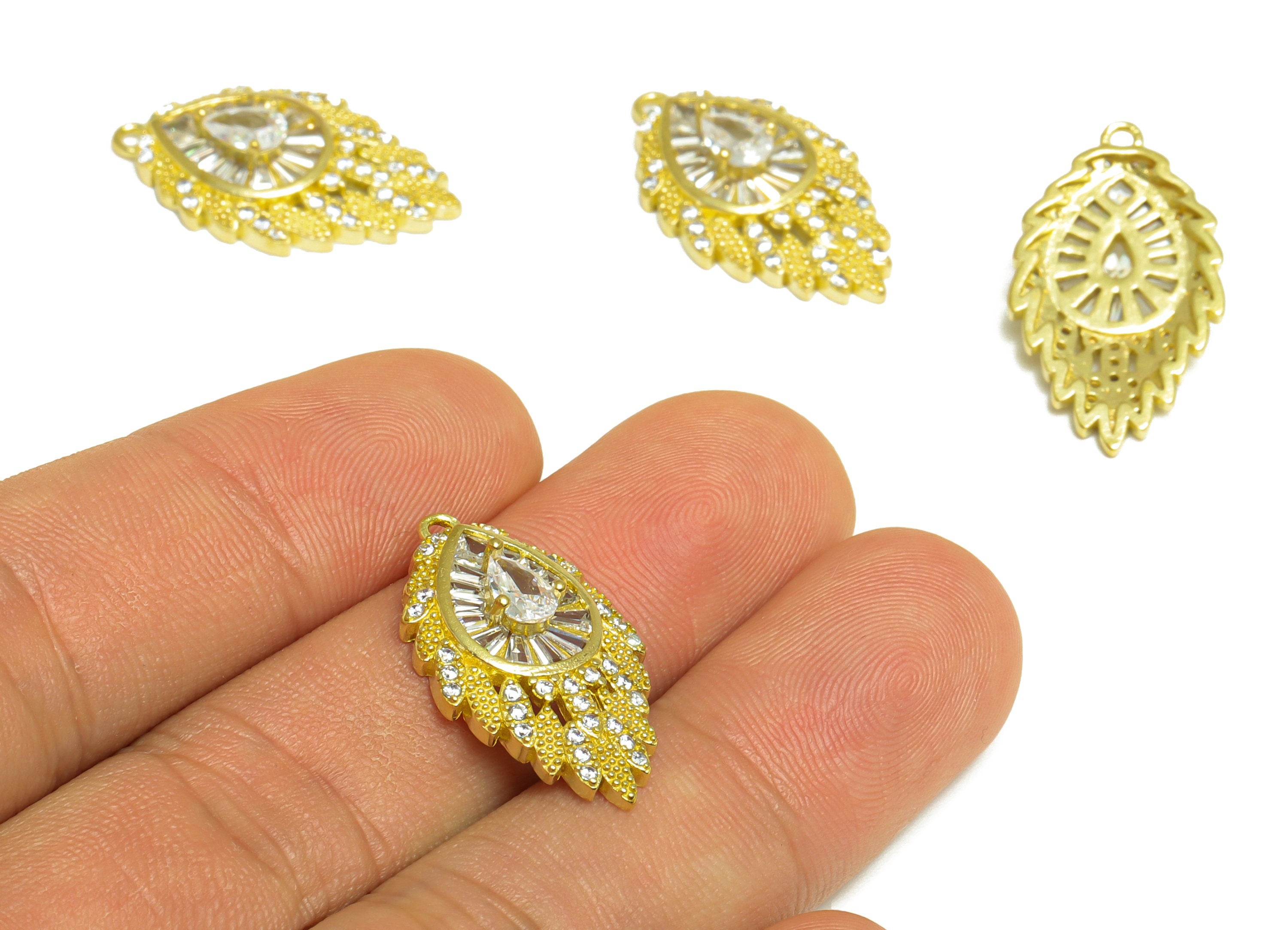 Brass CZ Teardrop Pendant - Raw Brass Drop Feather Cubic Zircon Charm - Brass Drop Pendant - For Necklace - 25.5x14.7x5.4mm - PP10077 - DOMEDBAZAAR