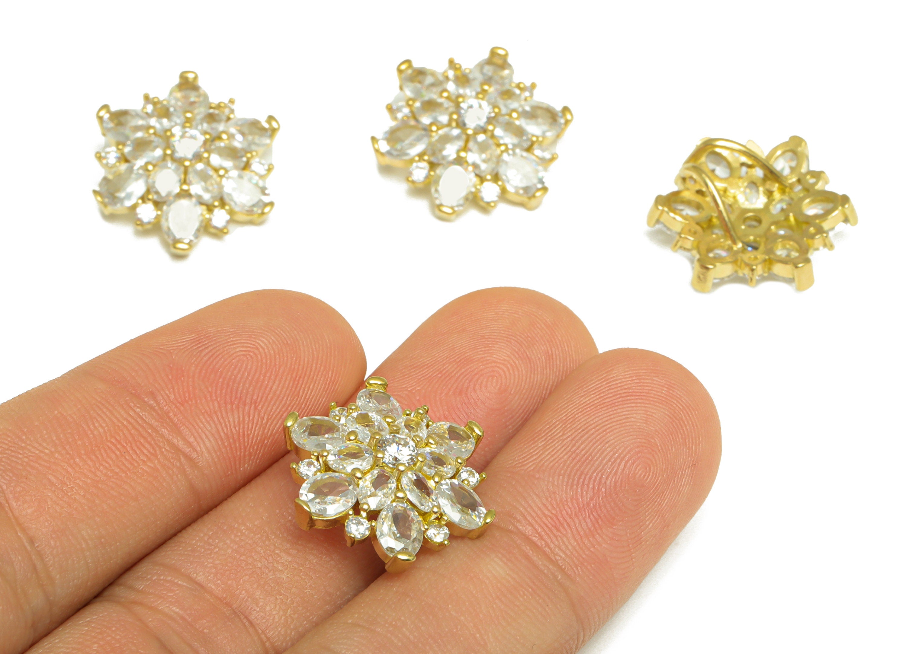 Brass CZ Flower Hairclip Charm - Raw Brass Oval Hairclip Cubic Zircon Charm - Brass Circle Pendant - For Necklace - 20x20x6mm - PP10100 - DOMEDBAZAAR