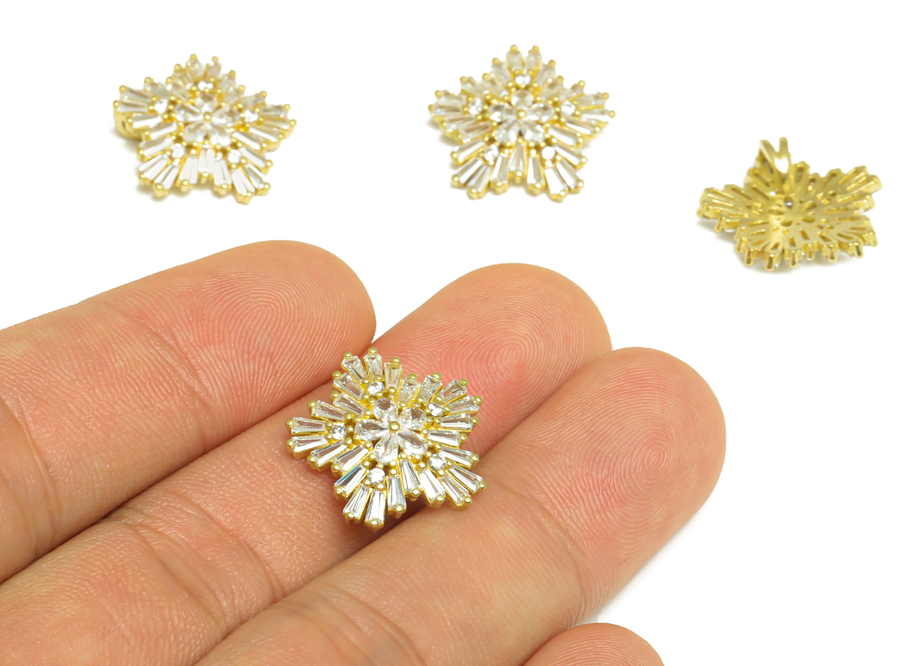 Brass CZ Flower Hairclip Charm - Raw Brass Snowflake Cubic Zircon Charm - Brass Teardrop Pendant - Cubic Zircon Charm - 18x17x4mm - PP10099 - DOMEDBAZAAR